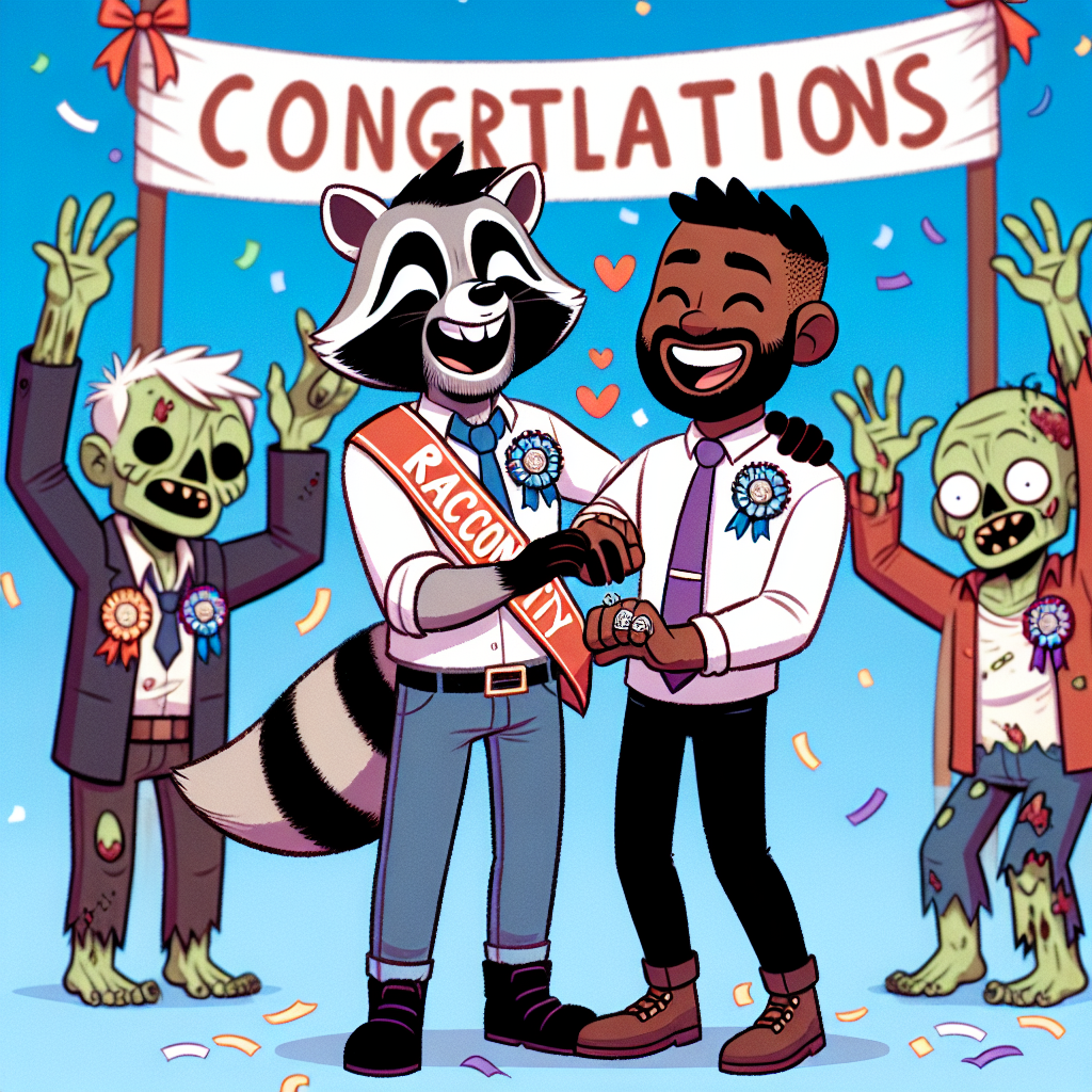 Create a lively cartoon scene with a jocular raccoon wearing a mayoral sash with 'Raccoon City' written on it. In the background, several friendly zombies are waving banners of congratulations. The main focus is on two beaming gay men, of Black and Middle-Eastern descent, standing hand-in-hand. One of them is exhibiting a proposing gesture, offering a shiny engagement ring. Confetti is falling around the joyful would-be husbands as their animal and undead friends celebrate the joyous occasion and accomplishment.
Generated with these themes: Raccoon city Resident Evil, Zombies, Gay men marriage, and Engagement.
Made with ❤️ by AI.