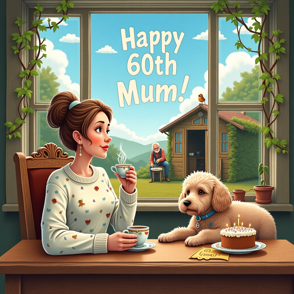 In the heart of a quaint, storybook-like kitchen, a white woman with brown eyes and light brown hair sits comfortably at an elegantly carved wooden table, sipping a steaming cup of tea. Her attire is a cozy sweater adorned with whimsical patterns reminiscent of Beatrix Potter's enchanting characters. At her feet lies a brown cockapoo dog, its curly fur slightly tousled and eyes sparkling with mischief, a testament to the afternoon's playful antics. The dog's collar is decorated with tiny teacup charms, a nod to their shared love for tea time. Behind her, a large window frames a picturesque view of the backyard, where her husband, resembling a figure from a Norman Rockwell painting, busily tinkers away in a rustic wooden shed, surrounded by tools and shavings. His shed, covered in climbing ivy, is a testament to his craftsmanship. Above the couple, in the azure sky, fluffy white clouds have gathered to spell out "Happy 60th Mum!" in a playful, swirling font, as if the wind itself had conspired to write a message of love. A small bird perched on the window sill looks up at the sky, seemingly chirping in agreement with the sentiment. On the table, a delicious birthday cake awaits, festooned with colorful sprinkles and a small banner that reads "Mum" in gold icing, adding to the delightful scene. This setting captures a moment of everyday magic and familial warmth, drawn with a blend of Maurice Sendak's whimsy and Maxfield Parrish's vibrant color palette.
Generated with these themes: White woman with brown eyes and light brown hair sitting drinking tea with a brown cockapoo dog sitting by her feet. In the background, out of a window is her husband working in his shed. Please add "Happy 60th Mum!" to the top of the card.
Made with ❤️ by AI.