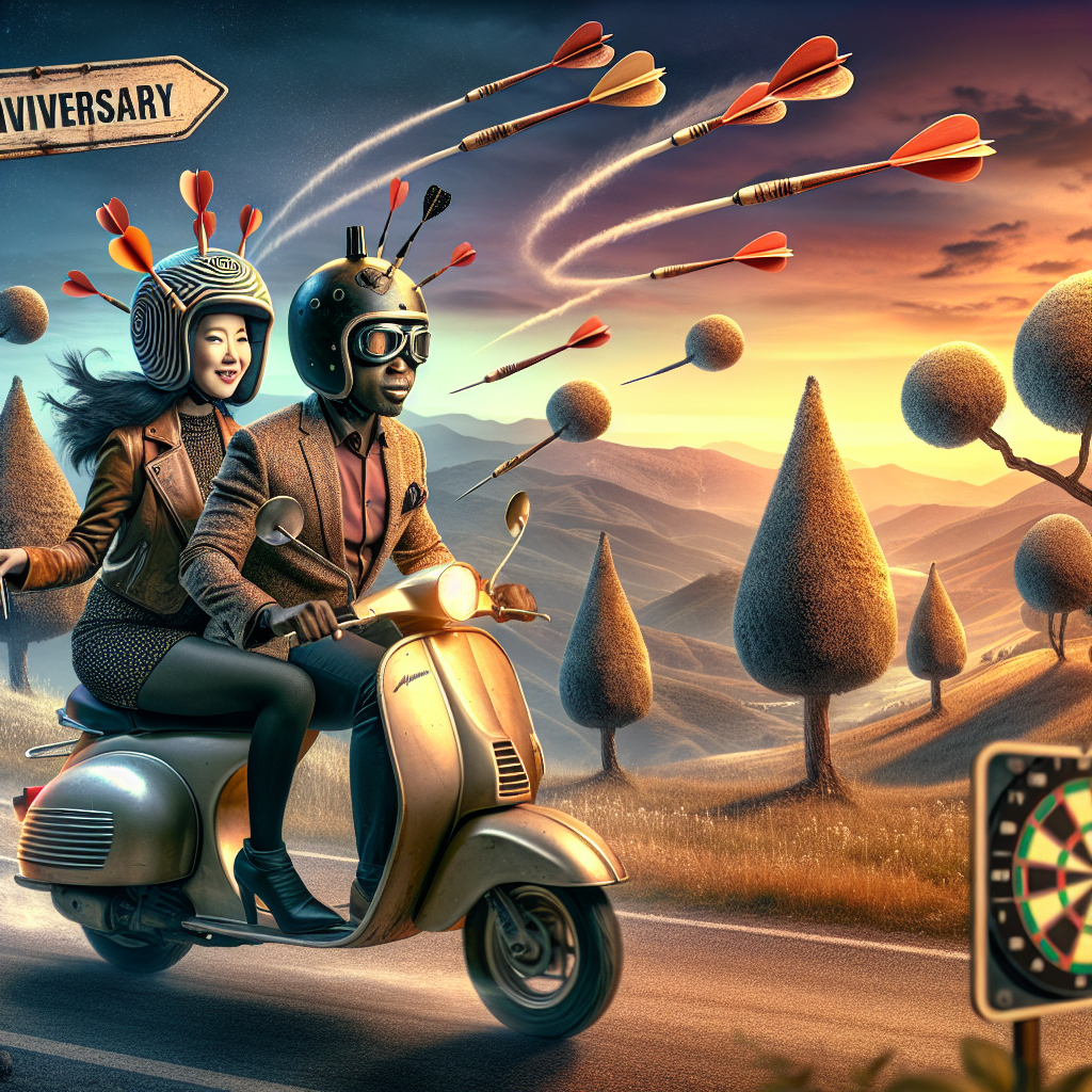 Create an image that depicts a romantic scene of an anniversary celebration. An Asian female and an African American male couple are seen zooming across a backdrop of rolling hills on a scooter. The sky is filled with the warm colors of dusk. Both of them wear peculiar helmets fashioned to look like darts, indicating their shared interest in the game. The enchanting scenery occasionally features trees shaped like whisky bottles and road signs with motorbike drawings, symbolizing the exciting journey they're pursuing together.
Generated with these themes: Motorbikes, Whisky , and Darts.
Made with ❤️ by AI.