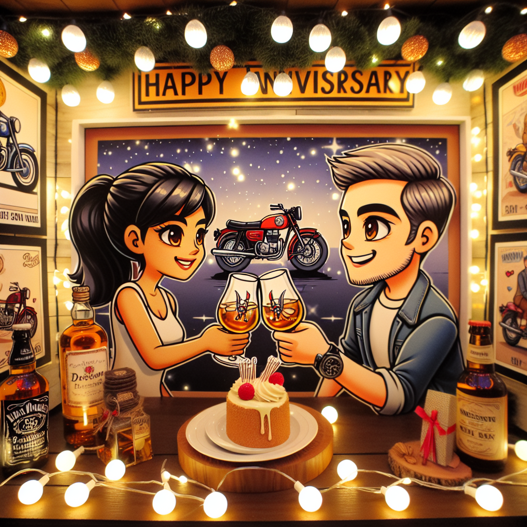 A delightful cartoon-style depiction of an anniversary celebration in a warmly-lit, cozy bar that has been decorated with elements related to motorbikes. An animated couple of different descents, perhaps a South Asian Woman and a Caucasian man, are at the heart of the scene, toasting to their special day with whisky glasses that have playful dart motifs etched. The surroundings are adorned with cartoonish posters displaying classic motorbikes, mingled amongst strands of soft, twinkling lights, lending a festive and joyous mood to the scene.
Generated with these themes: Motorbikes, Whisky , and Darts.
Made with ❤️ by AI.