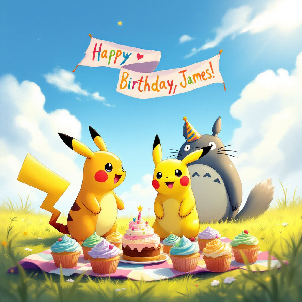 In the center of the card, we see Pikachu and Charmander, their bright eyes gleaming with excitement as they host a jubilant outdoor birthday party for their friend James. The setting is a lush, grassy field with a sky-blue backdrop, reminiscent of Winsor McCay's dreamscapes. Above them, a vibrant, handwritten "Happy Birthday, James!" banner flutters between two tall, slender trees, swaying gently in the breeze like a scene straight out of Charles Schulz's whimsical world. On the ground, a colorful patchwork picnic blanket is laid out, featuring an array of Pokéball-shaped cupcakes, each topped with delightful, multicolored frosting reminiscent of Bill Watterson's playful palette. 

In the background, Totoro, channeling Osamu Tezuka's harmonious and detailed style, stands as a gentle giant, wearing a party hat, softly clapping along with the festivities. To the right, Gary Larson-inspired Far Side humor peeks through with Jigglypuff, holding a karaoke microphone, crooning to a captivated audience of Bulbasaur and Squirtle, each wearing quirky party sunglasses. Above, in the serene blue sky, fluffy clouds shaped like different Pokémon spell out "James" as if lovingly carved by Hergé's meticulous hand. A cluster of colorful balloons, tethered to Pikachu's tiny paws, rise towards the heavens, adding to the joyous atmosphere with a spectrum of colors reminiscent of a R. Crumb comic's playful vibrancy. 

The card is framed by a border of delicate daisies and playful Butterfree, echoing Walt Disney's classic, enchanting touch, while a small squirrel, akin to one from Calvin and Hobbes, mischievously peeks out from behind the bushes, holding a miniature Pokémon trading card as a gift for James. This whimsical scene, rich in detail and layered with the playful elements of beloved artistic inspirations, captures the spirit of celebration and imagination for James's special day.
Generated with these themes: Pokemon.
Made with ❤️ by AI.