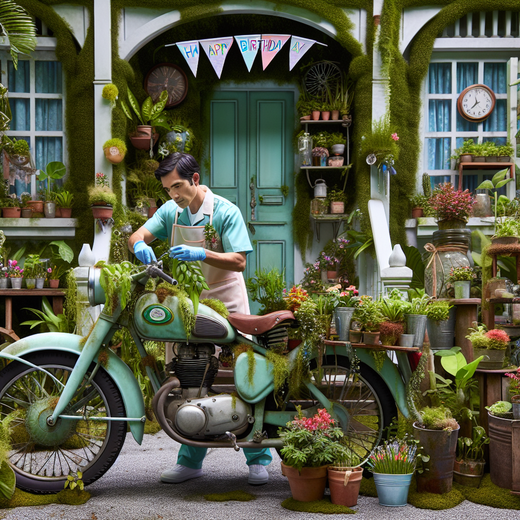 Imagine a picturesque scene of a quaint garden. In this garden, a Hispanic male nurse, dressed in a pastel uniform, is caring for a vibrant variety of plants. His attention is meticulous, reflecting his dedication to their growth. Behind him, a vintage motorbike takes centre stage. It is humorously decorated with ribbons and a 'Happy Birthday' banner, its every crevice bursting with flourishing greenery. The motorbike appears to serve as a quirky plant stand, adding an element of adventure to the scene. The overall atmosphere of this image is one of calm celebration, blending elements of nurturing, growth, and dare.
Generated with these themes: Nurse, Plants , and Motorbikes .
Made with ❤️ by AI.
