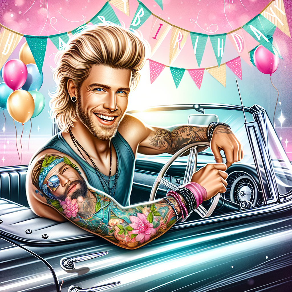 A blonde Caucasian male with a stylish mullet and vibrant tattoos decorating his arms is depicted driving a glossy vintage convertible. The background reveals a festive ambiance, enhanced by pastel balloons and a 'Happy Birthday' banner fluttering in the wind. His cheerful expression captures the joy of a special day on the road, blending cool elegance and birthday fun.
Generated with these themes: Blonde male with mullet tattoos on arms driving a car.
Made with ❤️ by AI.