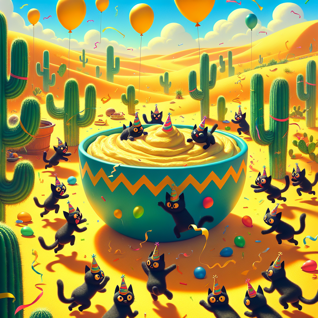 Imagine a fun-filled abstract birthday party taking place amidst the vibrant, sunny landscape of the Californian desert; its golden sands bathed in sunshine. A gang of playful black felines, each wearing a party hat, is excitedly chasing one another around a sizable, vibrant bowl filled with hummus. Tumbleweeds drift across the scene, adding to the whimsical spirit of the occasion. Further back, you can see cacti decorated with fluttering streamers and bobbing balloons. The cacti needles comically, but unsuccessfully, try to burst the balloons, contributing to the overall joyful and festive atmosphere.
Generated with these themes: Black cats, Desert , California , and Hummus.
Made with ❤️ by AI.