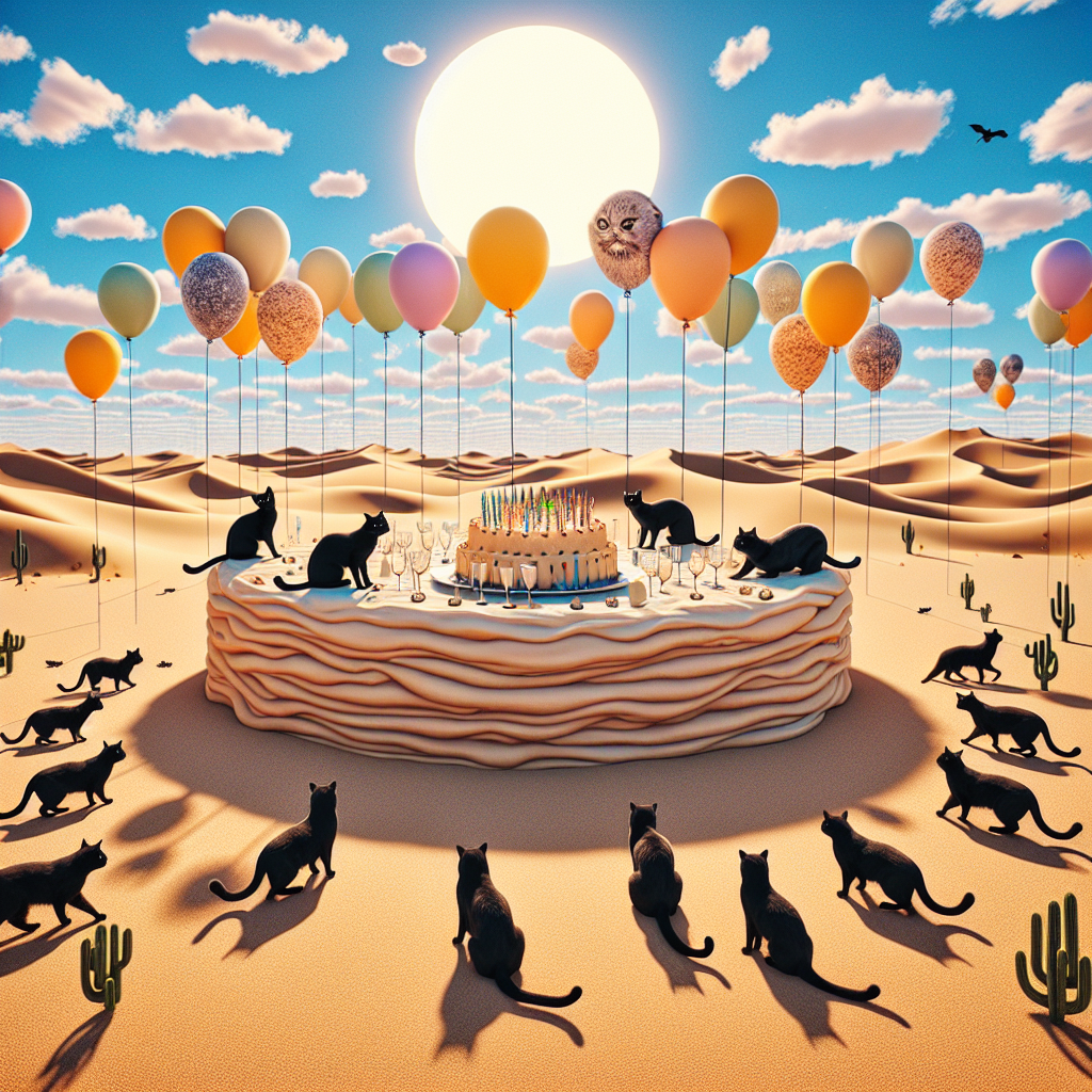 Please generate an amusing and abstract image of a birthday setting under the grand California desert sky. Feature a number of black cats, displaying amusing expressions, frolicking amidst the vast expanse. The sky is dotted with resilient balloons defying the powerful sun. A mirage-like table holds an extensive platter of hummus, sculpted to resemble the surrounding desert dunes. As native desert flowers blossom, the cats indulge their curiosity by dipping their paws into the hummus, leaving humorous patterns in the sandy surface. This imaginative tableau aims to embody the unique charm and spirit of an eccentric Californian birthday celebration.
Generated with these themes: Black cats, Desert , California , and Hummus.
Made with ❤️ by AI.