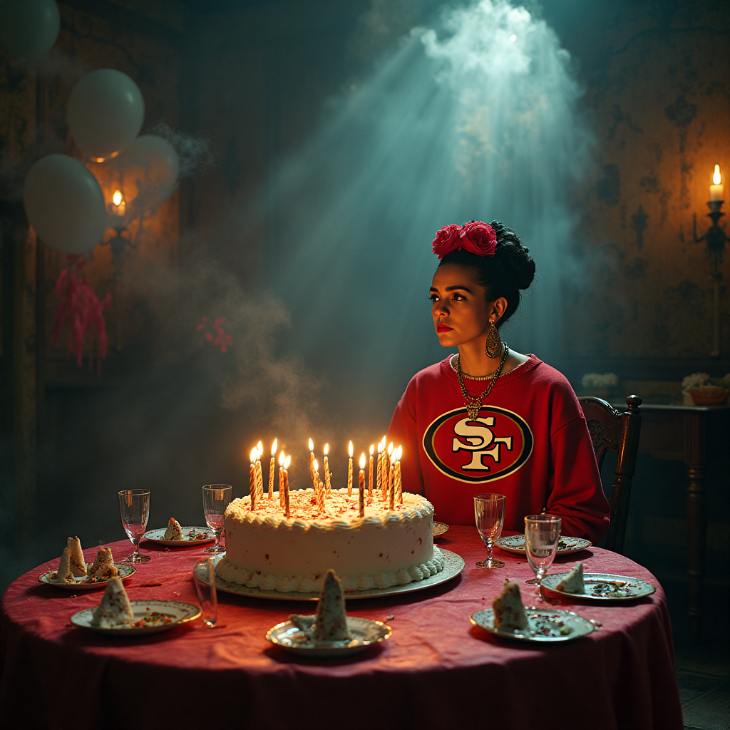 Seance with freida kahlo wearing san francisco 49ers sweatshirt. candles on birthday cake., and Birthday Card