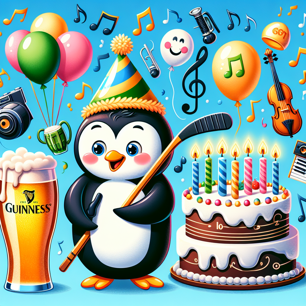 Create a whimsical birthday image. The main attraction should be a cheerful penguin wearing a festive party hat. He uses one of his flippers to grip a pint of Guinness beer and a hockey stick in the other. By his side, there's a birthday cake adorned with musical notes and lit candles. In the background, a variety of balloons float up, adding to the celebratory atmosphere. Some of these balloons are uniquely shaped like various musical instruments.
Generated with these themes: Guiness, Hockey, and Music.
Made with ❤️ by AI.