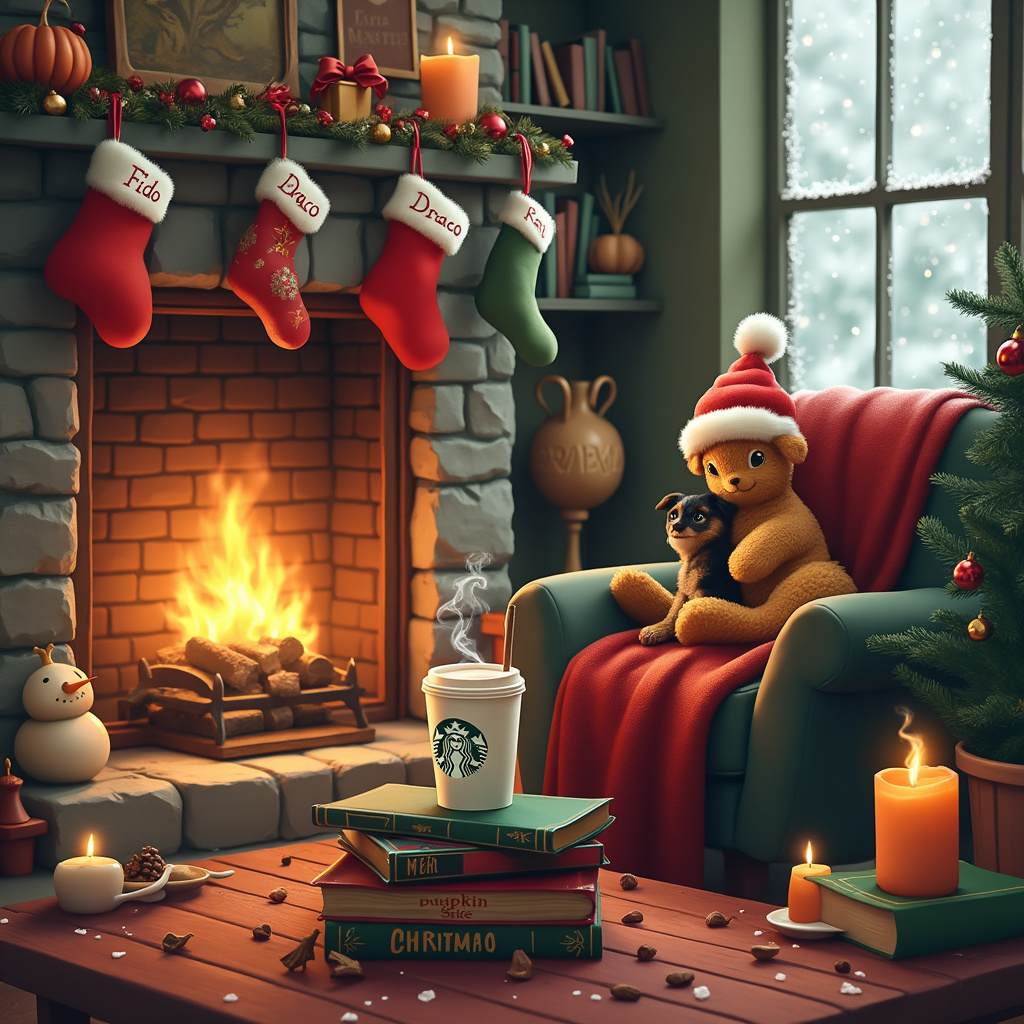 Picture a whimsical and cozy Christmas Eve scene in a warm, inviting living room. The centerpiece of the scene is a fireplace with a roaring fire, casting a golden glow throughout the room. Hanging above the fireplace are stockings filled with small gifts, each one labeled with intricate name tags that read "Fido" for the black and brown mini dog, and "Draco" for the mini golden dragon.

To the right of the fireplace, there's a plush, oversized armchair covered in a red and green plaid blanket. Curled up on the armchair is Fido, the adorable black and brown mini dog, wearing a tiny Santa hat with a white pom-pom on the end. Next to Fido is Draco, the mini golden dragon, whose scales shimmer like tinsel under the firelight. Draco is lazily blowing small puffs of smoke rings, each one sparkling with a hint of magic.

In front of the fireplace, there’s a low coffee table laden with an assortment of items that tell a story. There’s a stack of well-loved Harry Potter books, their spines showing wear from countless readings. Next to the books, a Starbucks cup with the iconic green logo is steaming, sending the comforting aroma of a Pumpkin Spice Latte into the air. Surrounding the cup are a few scattered coffee beans and a cinnamon stick for an extra festive touch.

On the coffee table, there are also a few lit candles in various shapes and sizes. One of them is a pumpkin spice candle, its flickering flame adding to the warm ambiance and its sweet scent blending harmoniously with the latte. Another candle is shaped like a snowman, and another like a tiny Christmas tree, both adding to the festive charm.

In the background, the walls are lined with bookshelves filled to the brim with an eclectic mix of books, some of which have Harry Potter-themed decorations like miniature broomsticks and sorting hats perched on top of them. There's also a window with frosty edges, outside of which you can see gently falling snow, creating a picturesque winter wonderland.

On the floor, there’s a small, intricately decorated Christmas tree with twinkling fairy lights and ornaments, including a mini dragon ornament and a tiny dog bone ornament, both hanging prominently. Under the tree, there are wrapped presents with whimsical, colorful wrapping paper and oversized bows.

Above the scene, a delicate banner made of string and tiny flags reads "Merry Christmas" in a playful, handwritten font, adding the final touch to this enchanting holiday tableau.
Generated with these themes: Black and brown mini dog, Mini Golden Dragon, Books, Starbucks, Harry Potter , Candles, and Pumpkin spice candle .
Made with ❤️ by AI.