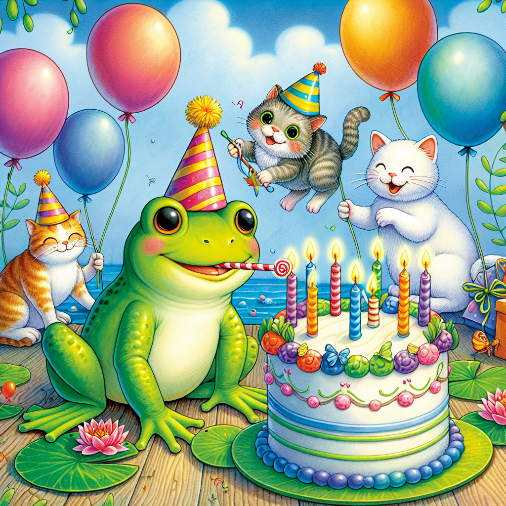 Create a whimsical birthday scene featuring jolly frogs wearing colorful party hats and playing with delightful cats engrossed in activities with vibrant balloons. The background should illustrate a celebratory atmosphere with a cake festooned with lily pad decorations to emphasize the jubilant mood.
Generated with these themes: Frogs, and Cats.
Made with ❤️ by AI.