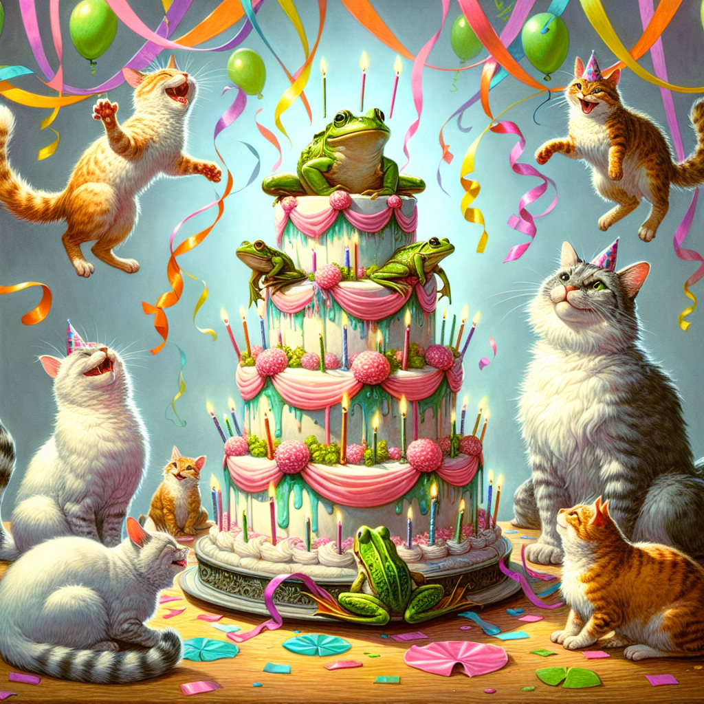 Illustrate a heartwarming birthday scene where playful cats and jovial frogs enjoy a festive celebration. The cats, covered in soft, fluffy fur, are in the middle of a playful session with colorful streamers, their paws stretched out to reach the fluttering decorations. The amphibian guests, their moist, green skin standing in stark contrast to the felines, are expertly balanced atop an ornate birthday cake that holds the place of honor in this scene. The cake is adorned with a mixture of cat and frog-themed decorations, adding a personal touch to this fantastical gathering.
Generated with these themes: Frogs, and Cats.
Made with ❤️ by AI.