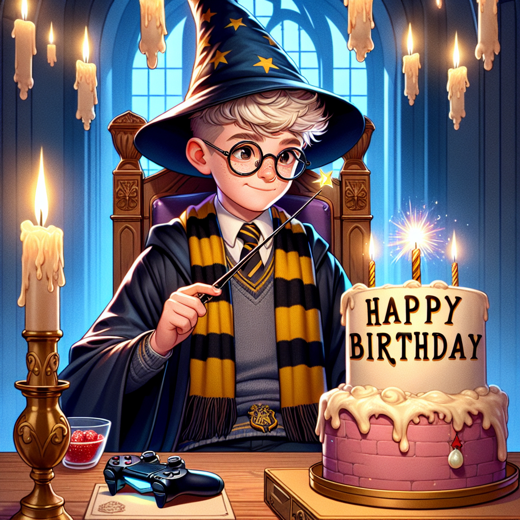 An amusing illustration for a birthday event. At the center is a young wizard character, similar but not identical to a popular literary character, in eyeglasses and wizard robes, holding a magical wand, seated at a video game console. A house-colored scarf rests on his chair, suggesting allegiance to a brave and chivalrous house. Beside him, there is a cake designed like a vintage glass bottle, with 'Happy Birthday' appearing on it in a radiant, enchanting font. The room is adorned with hovering wax candles, echoing a well-known dining hall from a magical school, infusing a fantastical charm to this video game enthusiast's wonderland.
Generated with these themes: Harry Potter, Gaming, and Vodka.
Made with ❤️ by AI.