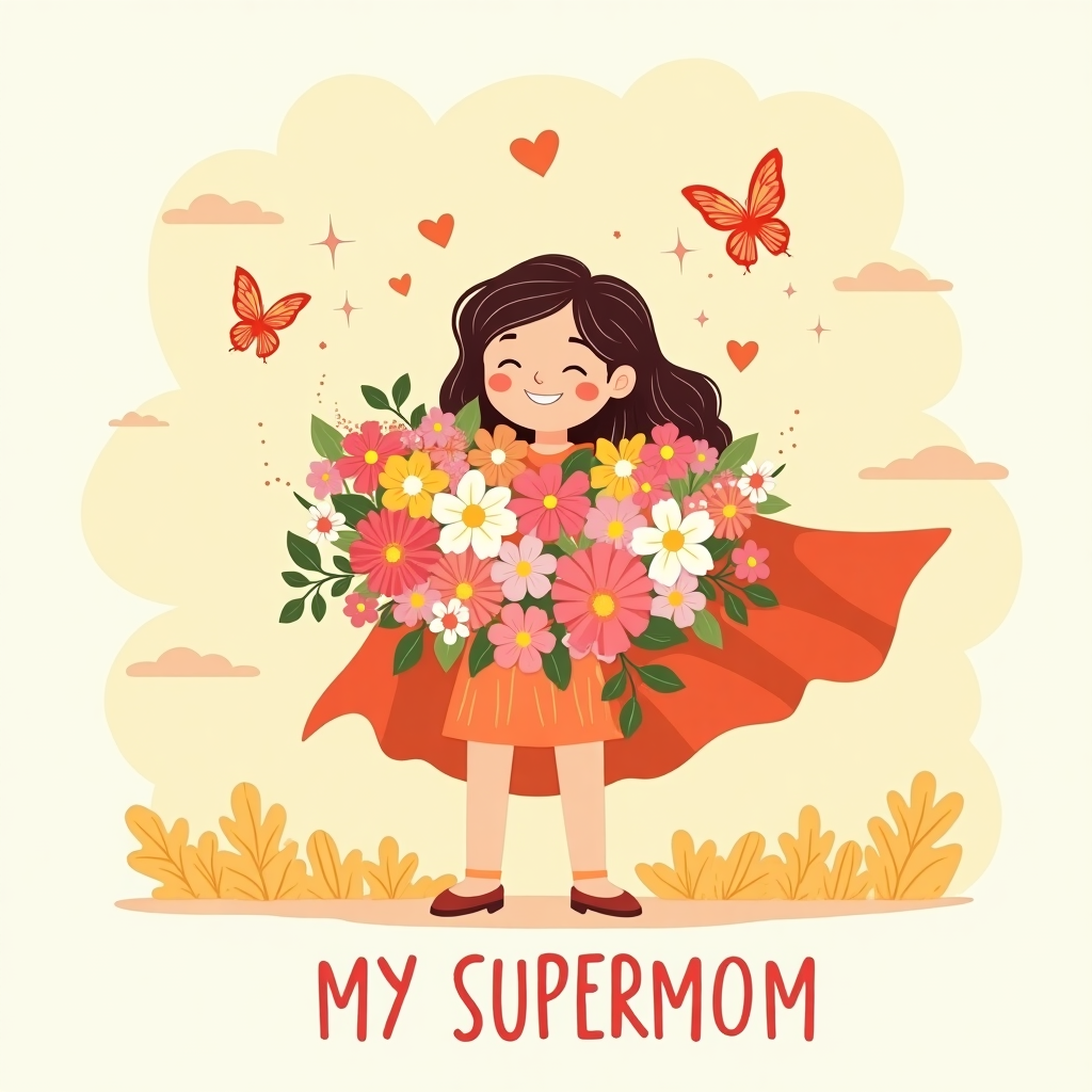 **Image Prompt:**  
At the top of the illustration image, add the text: *“Blooming marvellous, Mother!”*  

Create a cute, whimsical illustration in a warm pastel palette. A joyful woman stands proudly in a superhero stance, wearing a flowing cape made of flower petals, holding a huge bouquet of assorted cheerful spring blooms that nearly cover her entire upper body. She's smiling with eyes closed, basking in the floral fragrance, with butterflies playfully fluttering around her head like adoring fans. The background features a sunny sky with puffy heart-shaped clouds, and tiny sparkles drift through the air. At the bottom of the image, in fun hand-lettered text, include the bold title: *“MY SUPERMOM”*.
Generated with these themes: A woman holding flowers, and Name the title MY SUPERMOM.
Made with ❤️ by AI.