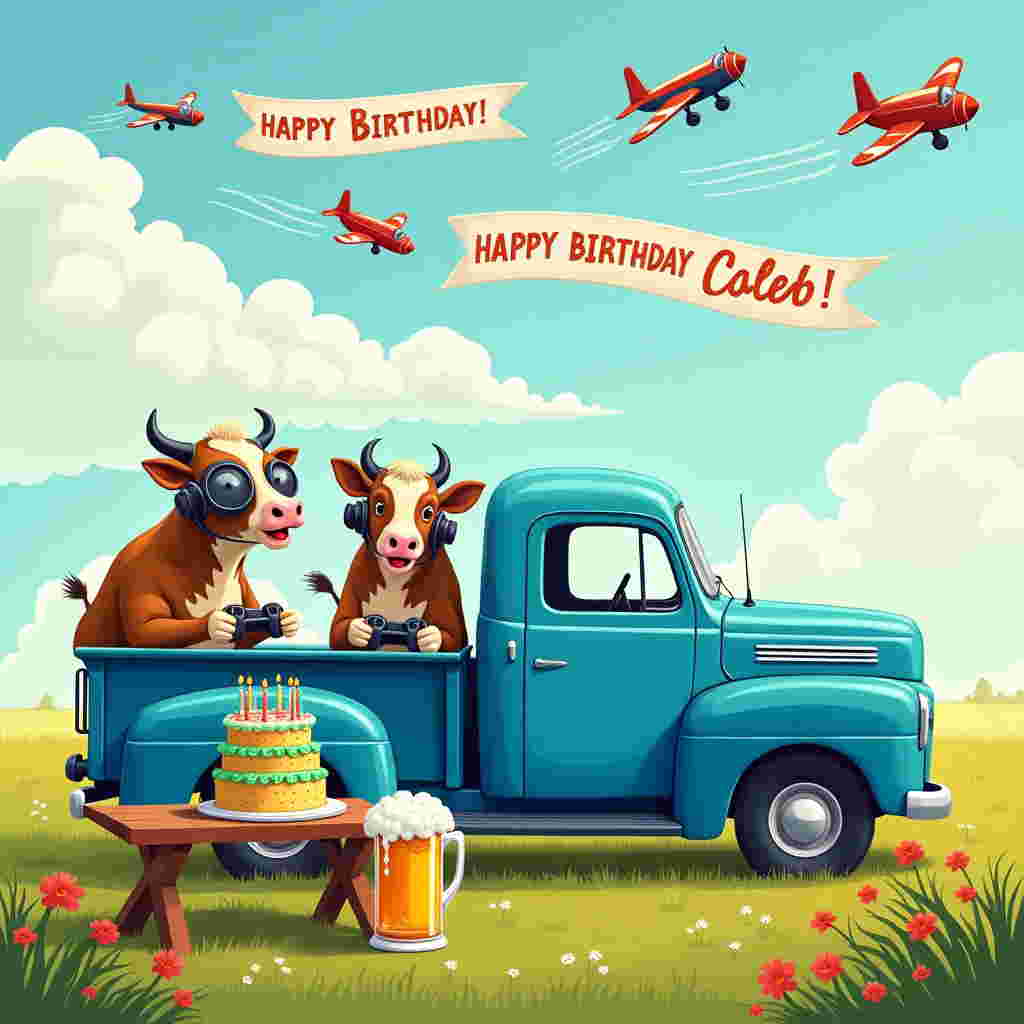 In this lively and whimsical birthday card scene, the central focus is a vivid blue vintage truck parked in the middle of a sun-drenched meadow, its paint gleaming with a hint of mischief. The truck's bed is transformed into an unexpected arcade, with two cows engrossed in a lively game of video football. The cows, each donning oversized gaming headsets, are hilariously focused, their hooves tapping away on the console controllers. In the sky above, a playful fleet of cartoonish airplanes weaves through the fluffy white clouds, each trailing banners spelling out "Happy Birthday Caleb!" in bold, colorful letters. Below, on a wooden picnic table beside the truck, a grand birthday cake towers with layers frosted in vivid hues of green and gold, topped with tiny edible footballs and lit candles forming the number of Caleb’s new age. To complete the festive gathering, a frothy mug of beer is perched beside the cake, with bubbles cascading over the rim in an animated fizz. The entire scene is set against the backdrop of a sprawling green field dotted with wildflowers, adding an extra touch of enchantment to this unique birthday celebration.
Generated with these themes: Blue Truck, Cows playing video games, Airplanes, Beer, Birthday Cake, and Football.
Made with ❤️ by AI.