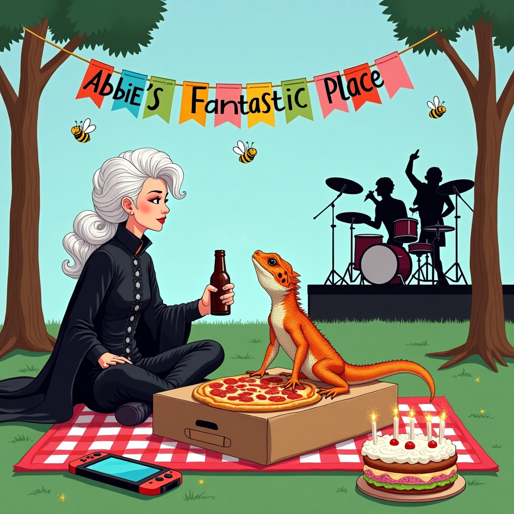 On the cover of this birthday greetings card, a whimsical picnic unfolds under a clear blue sky, blending quirky elements into a hilarious tableau. At the center, a bearded dragon lizard lounges regally atop a large, unopened pizza box, its eyes half-closed in bliss as bees buzz lazily around it, seemingly captivated by the pizza's aroma. To the left, a woman with striking white and black hair styled in dramatic waves, clad in an all-black gothic ensemble complete with lace-up boots and a flowing cloak, sits cross-legged on a picnic blanket. She's raising a beer bottle in a mock toast with the lizard, her other hand delicately twirling a piece of crochet yarn that winds around her fingers, seemingly crafting a tiny scarf for the lizard.

Above them, a vibrant banner flutters, reading 'Abbie's Fantastic Place' in bold, cheerful letters, each a different color of the rainbow, tied between two sturdy trees. Behind them, a small rock band performs enthusiastically on a makeshift stage, their silhouettes energetic and lively. The drummer, donning sunglasses, bangs out a rhythm that seems to make the entire scene pulse with life. Nearby, an open Nintendo Switch lies on the picnic blanket, its screen displaying an intense game paused mid-action. A decadent birthday cake sits proudly next to the Switch, its multi-colored layers visible through the transparent frosting, topped with sparklers instead of traditional candles, adding a touch of celebratory sparkle to the scene. This delightful mix of elements creates a uniquely humorous and enchanting birthday setting, perfect for Abbie's special day.
Generated with these themes: A bearded dragon lizard, Bees flying in the air, A woman with white and black hair in goth clothing, Pizza & beer picnic, A banner that reads 'Abbie's Fantastic Place', A rock band playing in the background, A Nintendo switch, A Birthday cake, and Crochet yarn.
Made with ❤️ by AI.