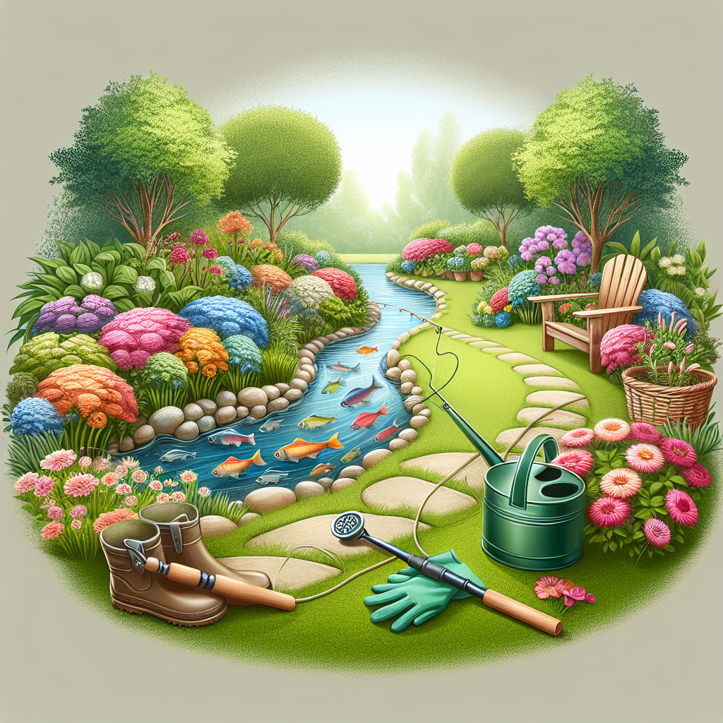 Visualize a peaceful backyard designed with elements that symbolize father's day activities but without explicitly showing a father figure. Center it around a gently burbling stream, next to which rests a fishing pole, hinting at a leisure pastime. Tucked away in one corner, illustrate a set of gardening gloves resting next to a watering can, surrounded by an array of blooming flowers in a spectrum of colors, portraying the delight and tranquility one might find in gardening.
Generated with these themes: Fishing , and Gardening.
Made with ❤️ by AI.