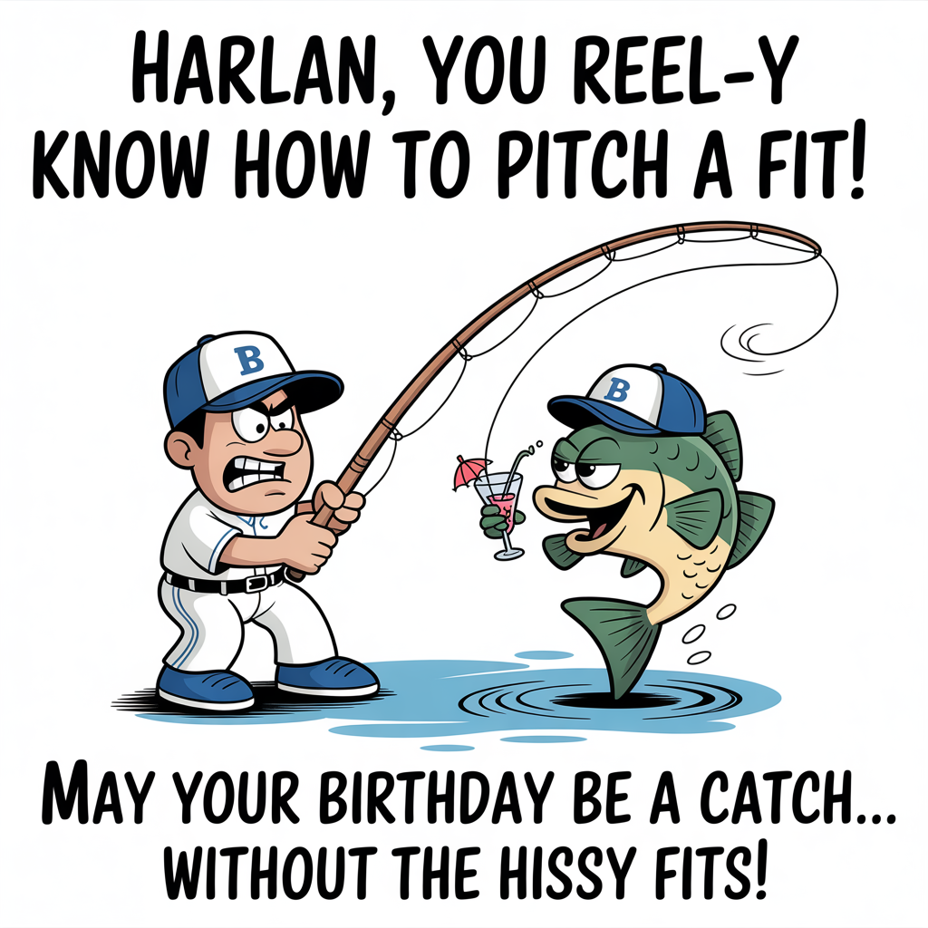 At the top of the image, "Harlan, You Reel-y Know How to Pitch a Fit!"

In the center, illustrate a cartoon scene with a grumpy baseball player, fishing rod in hand, trying to catch a fish that has a baseball cap on. The fish is cheekily holding a cocktail with a tiny umbrella, laughing as it dodges the bait.

At the bottom of the image, "May your birthday be a catch... without the hissy fits!"
Generated with these themes: Fishing , Scott gross, Baseball all stars, Girly drinks , and .
Made with ❤️ by AI.
