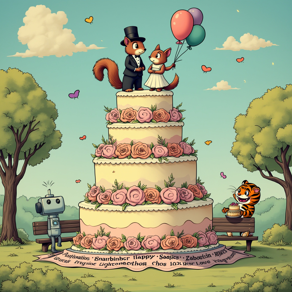 In this whimsical anniversary scene, the setting is a cozy, cartoonish park. A pair of eccentric squirrels, dressed in tuxedo and gown, are celebrating their anniversary atop a massive, tiered cake that towers over the park bench below. Each layer of the cake is decorated with vibrant, oversized flowers and swirls of pastel icing. The top tier features a cheeky squirrel couple replica, mimicking a classic wedding cake topper, complete with mini top hats and veils. Balloons float around them, each balloon adorned with a funny face reminiscent of The Far Side's humor. The sky is a serene, comic-strip blue with fluffy clouds, one of which has a gap shaped to spell "Sabrina," subtly incorporating her name into the background. Below the cake, on the park bench, a cleverly placed blanket has a repeating pattern of "Sabrina's Special Day" woven into it, creating a personalized touch. To the side, a tiny, cartoonish Astro Boy-style robot is capturing the moment with an exaggeratedly large vintage camera, its lens humorously too big for its small body. The park is dotted with Hergé-style trees, simplistic yet charming, and a Calvin and Hobbes-inspired tiger peeks from behind one tree, holding a mini cake that mirrors the giant one, adding another layer of humor to the scene.
Generated with these themes: Anniversary Cake.
Made with ❤️ by AI.