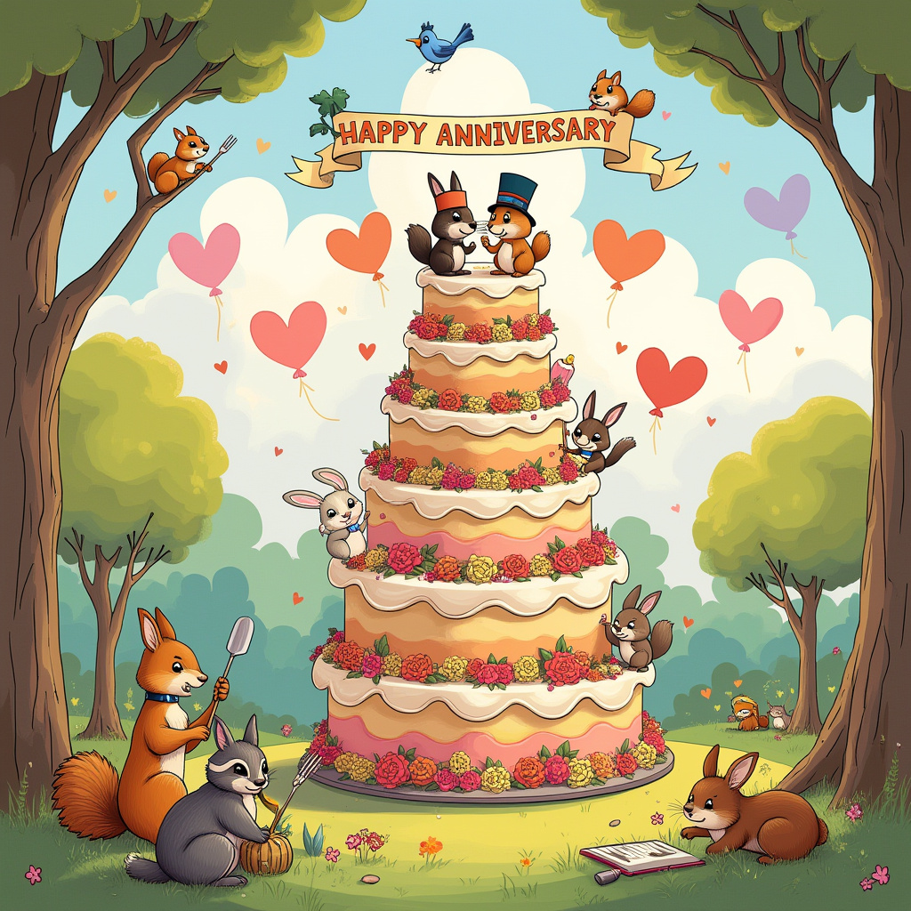 In this whimsical anniversary scene, picture a bustling park filled with playful woodland creatures, all gathered around a gigantic, tiered anniversary cake that towers above them. The cake is a vibrant explosion of colors, each tier decorated with elaborate icing swirls and delicate sugar flowers, reminiscent of a fairy-tale banquet. On the topmost tier, a pair of cartoon squirrels, wearing miniature top hats and bow ties, are precariously balancing a banner that reads "Happy Anniversary, Sabrina!" in bold, playful letters. These letters are crafted from golden caramel, glistening in the sunlight. Surrounding the cake are curious animals, each contributing to the festive spirit—there’s a chipmunk with frosting on its nose, a raccoon holding a spatula as if officiating the celebration, and a group of rabbits setting up tiny musical instruments for the evening concert. Above this joyous gathering, the sky is a watercolor tapestry of soft pinks and blues, with fluffy clouds in the shape of hearts drifting lazily by. Nestled among the clouds, a mischievous bluebird is holding a streamer that trails down to the scene, its edges dancing in the breeze, with the words "Sabrina's Special Day" stitched into the fabric. In the background, stylized trees, reminiscent of Charles Schulz's charming simplicity, frame the scene with their wavy, cartoonish branches, providing a perfect backdrop for this delightful anniversary celebration.
Generated with these themes: Anniversary Cake.
Made with ❤️ by AI.