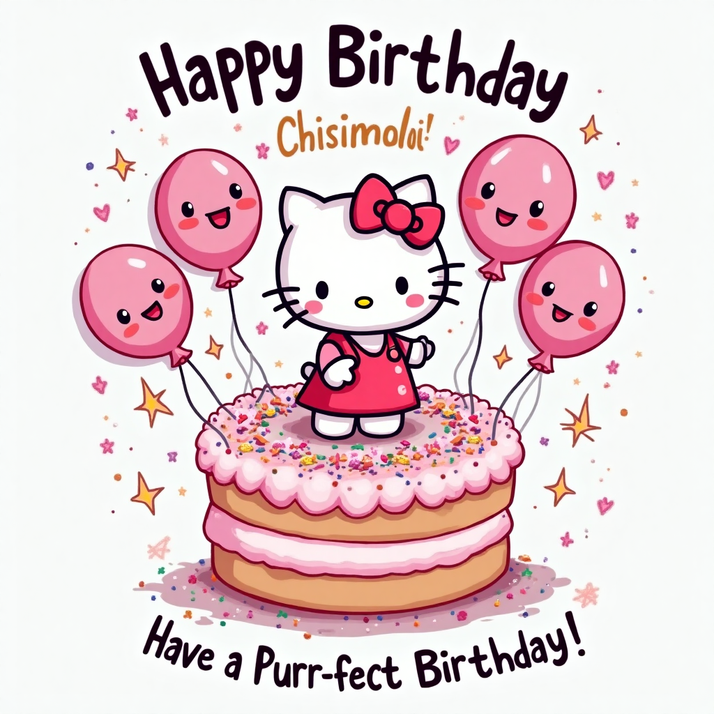 At the top of the Cartoon Style image, the text reads "Happy Birthday Chisimdi."

Imagine a delightful cartoon scene featuring Hello Kitty, dressed in her signature pink outfit, standing atop a giant, pastel pink birthday cake adorned with rainbow sprinkles and tiny white frosting bows. Surrounding Hello Kitty are a group of playful, cheerful balloons, each with a cute smiling face and matching pink hues. A whimsical touch is added with a scattering of twinkling stars in the background. At the bottom of the image, in playful, colorful letters, the phrase "Have a Purr-fect Birthday!" is inscribed.
Generated with these themes: Hello kitty, Pink, Cute, and .
Made with ❤️ by AI.