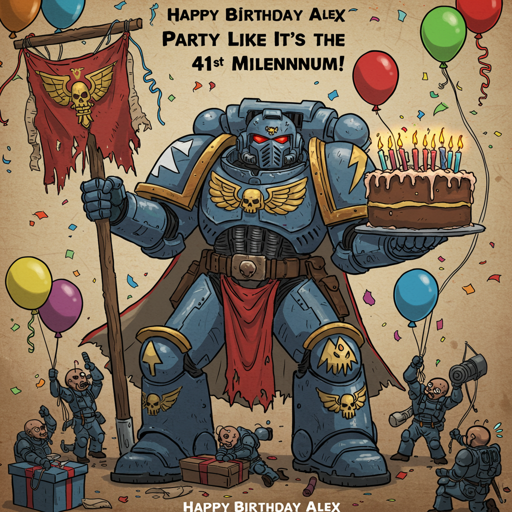 At the top of the Cartoon Style image, include the text "Happy Birthday Alex".

---

Imagine a whimsical Warhammer 40k scene featuring a jovial Space Marine. This Marine, sporting exaggerated features like oversized hands and feet, is surrounded by vibrant, multicolored birthday balloons and playful streamers hanging from every direction. His helmet is slightly askew, revealing a comical, exaggerated smile. In one hand, he's holding a massive birthday cake, as big as a battle standard, with bright, glowing candles. The other hand is playfully giving a thumbs-up. 

Scattered around his armored boots are tiny, mischievous servitors also celebrating, trying to help hold up the streamers or attempting to blow up balloons with comically serious expressions. Above the Space Marine, in bold, cartoonish letters, a cheeky caption reads, "Party Like It's the 41st Millennium!"
Generated with these themes: Warhammer 40k space marine, Birthday balloons and streamers, and .
Made with ❤️ by AI.