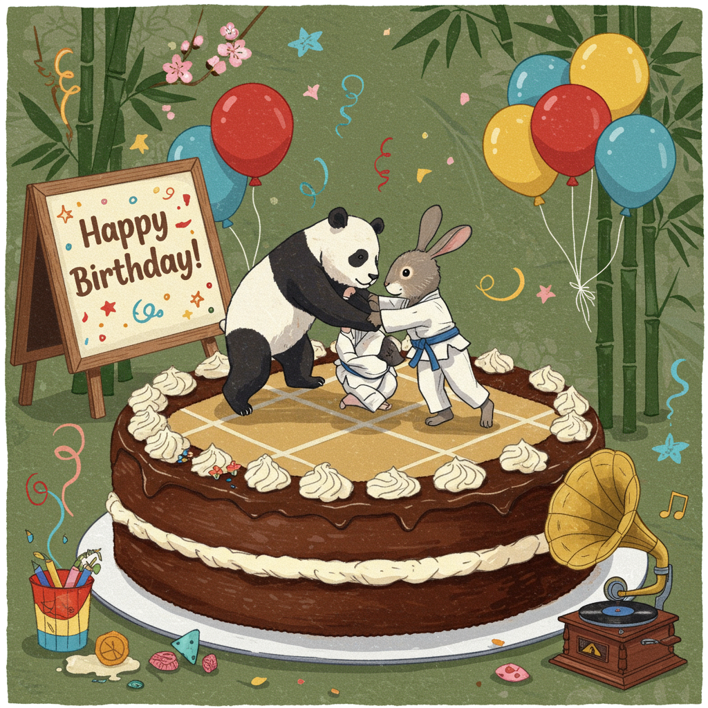 In the center of the card, depict a large, slightly tilted birthday cake designed to resemble a dojo mat. The cake is a luscious chocolate brown, adorned with white buttercream frosting in the form of a traditional tatami mat pattern. On top of this cake, two cartoonish animals are engaged in a playful Jiu-Jitsu match. 

One animal is a whimsical panda, drawn in an expressive, detailed style reminiscent of Maurice Sendak's creatures. The panda is mid-flip, its round body tilted back with its small black ears pointing upwards. Its eyes are wide open, showcasing the surprise of being thrown. 

The opposing animal is a lanky rabbit, rendered with fine, flowing lines akin to those in Arthur Rackham's works. The rabbit's fur is an intricate mix of light grays and browns, with its elongated ears perked up and arms positioned in a dynamic grappling stance. The rabbit wears a tiny, playful white Jiu-Jitsu gi, tied with a colorful rainbow belt.

In the background, scatter a mix of vibrant balloons in shades of red, blue, and yellow. Each balloon is detailed with cross-hatching shadows inspired by Edward Gorey. On the left side of the card, an easel holds a sign reading “Happy Birthday!” in a quirky hand-drawn font. This sign is surrounded by small, doodle-like confetti spirals and stars that seem to dance around the letters.

The backdrop features a detailed pattern of bamboo and cherry blossom branches, rendered in a delicate style, similar to Beatrix Potter's illustrations. The bamboo is a deep green with subtle shades of jade, while the cherry blossoms are a soft pink, each petal carefully detailed.

To add a whimsical touch, place a small, vintage-style gramophone in the bottom right corner, inspired by the intricate details of Maxfield Parrish. It plays lively music notes that are whimsically illustrated in a looping trail across the scene, suggesting a lively and celebratory atmosphere.

Each element in the scene is drawn with a playful yet intricate touch, offering a humorous and engaging depiction of a birthday celebrated with a fun Jiu-Jitsu twist.
Generated with these themes: Jui jitsu.
Made with ❤️ by AI.