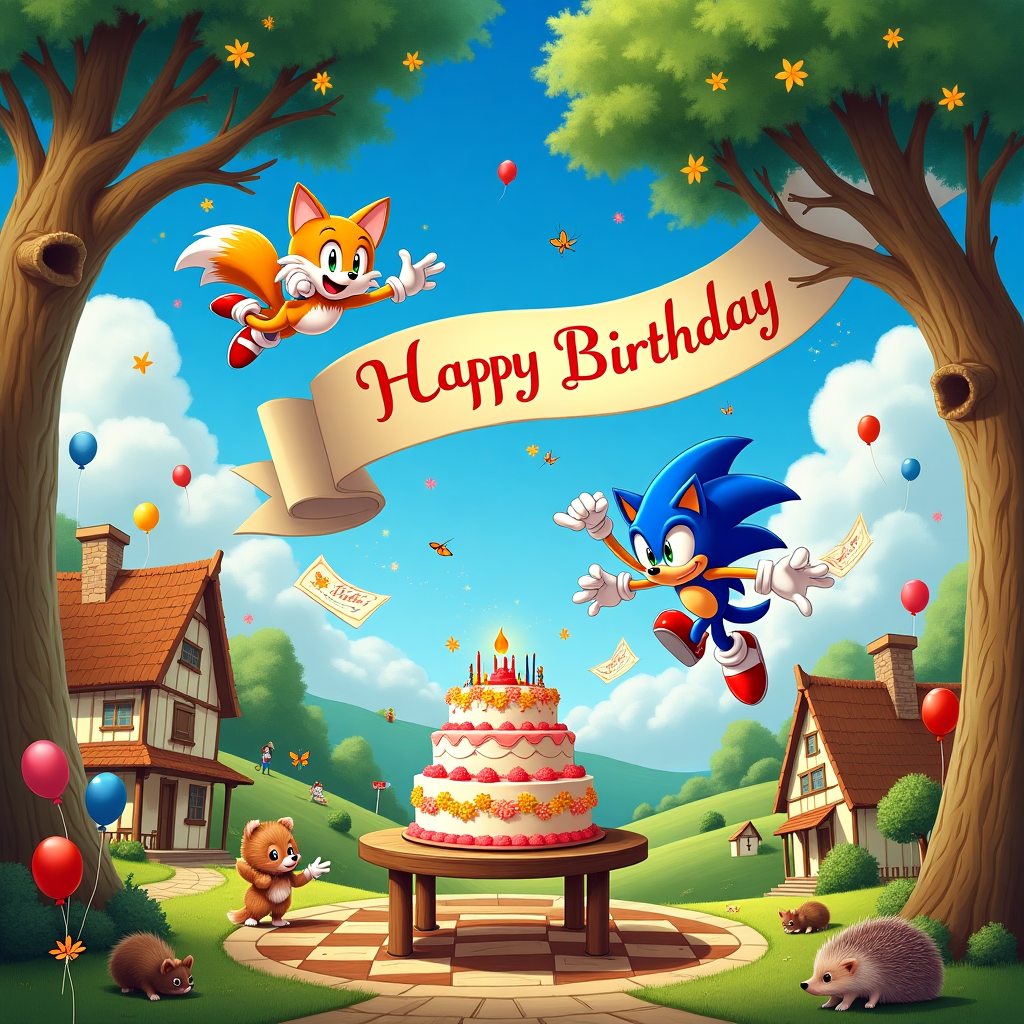 The scene is a vibrant, bustling birthday celebration set in a whimsical, imaginative world inspired by classic children's illustration. The focal point of the card is Tails and Sonic, soaring through a brilliantly blue sky filled with fluffy, swirling clouds reminiscent of Maxfield Parrish’s dreamy backdrops. They are energetically zipping around, each clutching a stack of colorful birthday invitations that they are cheerfully scattering in the air like confetti.

Tails is depicted with his characteristic twin tails spinning like propellers, his wide eyes filled with lively detail, capturing a moment of mid-flight agility. Sonic is alongside him, mid-leap, with his iconic red sneakers and quilled blue spikes elegantly detailed. The illustrations show movement with curved lines echoing their dynamic path through the sky.

Below them, a quaint village scene unfolds, reminiscent of a Maurice Sendak storybook. Charming, Beatrix Potter-style cottages with thatched roofs nestle amidst verdant, rolling hills. The details in the village are rich with tiny, everyday life scenes: children playing, a cat lounging on a sun-dappled windowsill, and a little dog chasing a butterfly.

In the heart of the village, a grand birthday banner arches across the scene, festooned between two tall, elegant trees with intricate bark details akin to those in Arthur Rackham’s work. The banner is bright and jubilant, with the name "Gilbert" proudly inscribed in an ornate, swirling font, echoing the elegant line work of Aubrey Beardsley but with a lighter touch.

In the foreground, an elaborately decorated birthday cake rests on a rustic wooden table under the shade of an ancient, sprawling oak tree. The cake is multi-tiered, adorned with whimsical icing swirls, and topped with vibrant, hand-piped floral designs, a nod to Norman Rockwell’s detailed celebration scenes. A small hedgehog, drawn with charming detail like an Edward Gorey character, peers curiously at the cake.

Scattered around are various party elements: balloons of every color tied to chairs, a patchwork quilt laid out for a picnic, and a basket spilling over with juicy, ripe fruits. The palette is a blend of soft pastels and vivid hues, creating a sense of timelessness and whimsy.

The card design integrates all these elements into a cohesive, delightfully busy tableau that invites viewers to linger over the detailed illustrations, absorbing every charming nuance of Gilbert's birthday world.
Generated with these themes: Tails and sonic flying and placing birthday invitations .
Made with ❤️ by AI.
