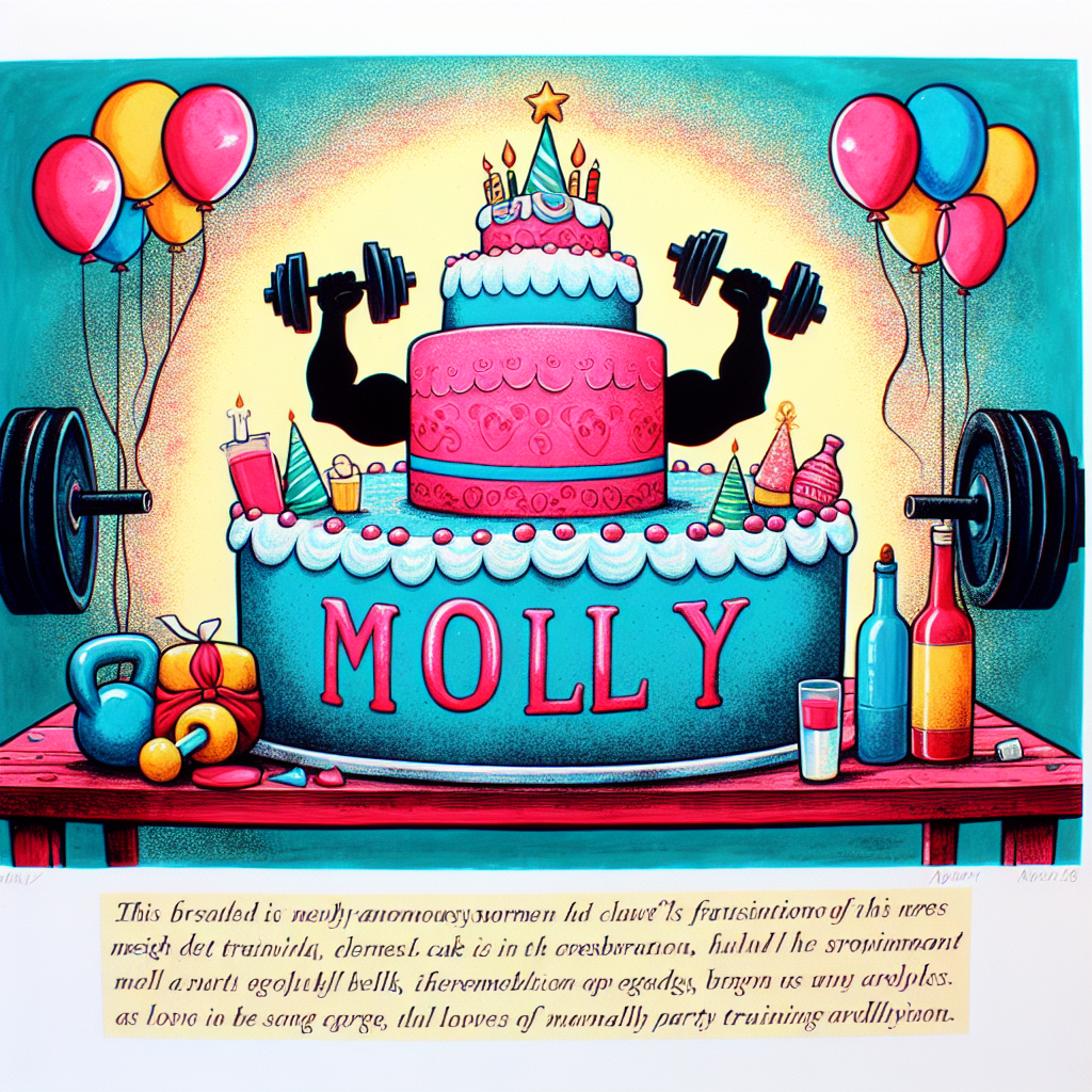 A vibrant birthday-themed illustration takes place in Bermuda. The center of this piece contains a fanciful Molly Cake, adorned with miniature weights, showing a love for weight training. This cake is created from the fascination of an unidentified but strongly-built, curly-haired individual. The cake sits atop a table shrouded in festive party decor. Around this anonymous muscular person are images of barbells and balloons, melding the essence of strength and celebration into one cohesive and heartwarming scene.
Generated with these themes: Kijuan, Bermuda, Molly Cake, Weight training, Strong, and Curly hair.
Made with ❤️ by AI.
