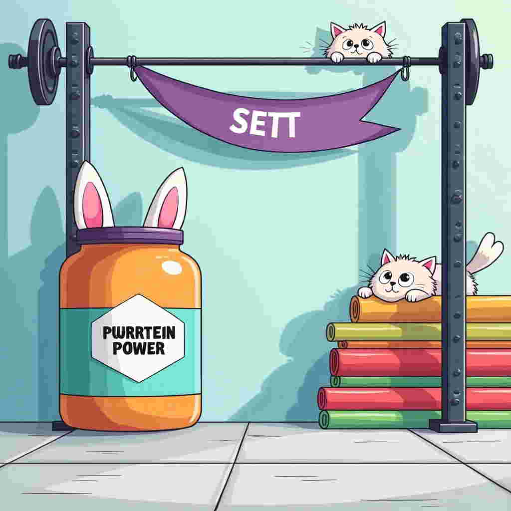 The scene unfolds in a vibrant, playful gym setting, with crisp, clean vector lines and flat shapes. The background features a minimalist, geometric depiction of gym equipment: a barbell on the left and a squat rack on the right, rendered in shades of cool blue and light grey with sharp black outlines, creating a sleek contrast.

In the foreground, a large, bold tub of protein powder sits prominently to the left, drawn in vivid tones of orange and teal, with the label reading "Purrtein Power" in a futuristic font. Playful cat ears pop out from the lid, illustrated in soft pink and white, adding a whimsical touch. The protein powder container casts a subtle shadow to ground it within the scene.

To the right, a stack of colorful exercise mats adds a pop of color with stripes of vibrant red, lime green, and sunny yellow, neatly arranged in a tidy pile. Above the mats, a banner unfurls across the top of the scene, drawn in a rhythmic wave-like motion. It reads "Sett" in bold, white, sans-serif letters on a bold, purple background, mimicking the motion of a flag fluttering in the breeze.

The gym floor is a simple, solid light grey, with clean black lines suggesting a subtle tile pattern, giving the scene a modern, polished look. In the top right corner, a minimalist illustration of a fluffy cat, drawn with sleek lines and a hint of mischief in its eyes, peeks over the edge of the scene, its ears twitching with curiosity.

The overall color palette combines bold, saturated hues with clean, black outlines to create a sense of cohesion and vibrancy, perfect for a playful, contemporary congratulations card with a gym-inspired twist.
Generated with these themes: Gym, Protein powder, and Cat ears.
Made with ❤️ by AI.