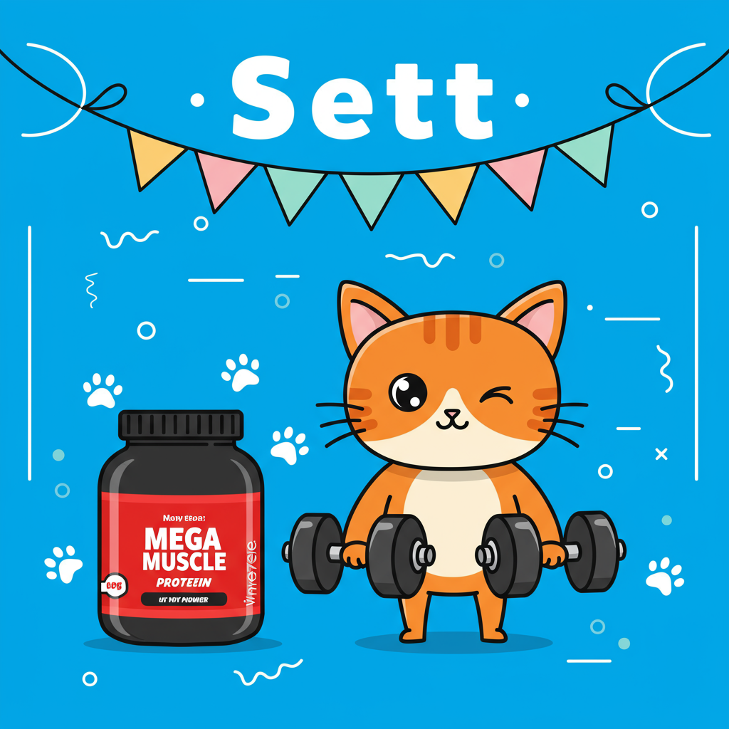 **Front Cover Description:**

**Background:** A vibrant, electric blue backdrop sets the stage for this energetic and playful scene. Scattered throughout are bold, flat, white lines that mimic the look of gym floor markings, providing a dynamic and lively feel.

**Main Scene:**

- **Central Character:** A quirky anthropomorphic cat with exaggerated cat ears stands confidently in the center. The cat, in a vector style, has a body composed of crisp, geometric shapes in warm shades of orange and cream. Its eyes are large and almond-shaped, sporting a cheeky wink, outlined with thick, black lines for emphasis.

- **Gym Elements:** The cat is lifting a pair of oversized, sleek dumbbells. The weights are a glossy, metallic silver, with a black grip. These weights float slightly above a thin, stylized shadow on the ground, giving them a levitating appearance.

- **Protein Powder:** To the left of the cat, there is a giant tub of protein powder, illustrated in a minimalistic style. The tub is a bold red with a black lid, featuring a striking, stylized label that reads "Mega Muscle" in a sans-serif font, with the “M” and “P” cleverly forming the shape of a flexed bicep.

- **Cat Ears Theme:** Surrounding the protein powder are additional playful nods to cat-like features: a series of small, flat, grey paw prints dance across the scene. Above, three minimalist cat tails, illustrated in the same orange hue as the central character, wave gently, intertwined to create a whimsical frame around the top edge of the card.

- **Text Element:** Above the cat, a colorful pennant banner hangs, each flag in alternating shades of pastel pink and mint green. The banner spells out the text "Sett" in a bold, chunky white font. The letters are placed on separate flags, slightly askew, creating a sense of movement and celebration.

**Additional Elements:**

- **Colorful Confetti:** Scattered across the entire scene are tiny, multicolored confetti pieces in flat shades of purple, yellow, and teal, adding to the festive atmosphere.

This card is a celebration of quirky strength, feline finesse, and the joyful accomplishment of achieving goals, all wrapped up in a sleek, modern vector style inspired by bold contemporary artists.
Generated with these themes: Gym, Protein powder, and Cat ears.
Made with ❤️ by AI.