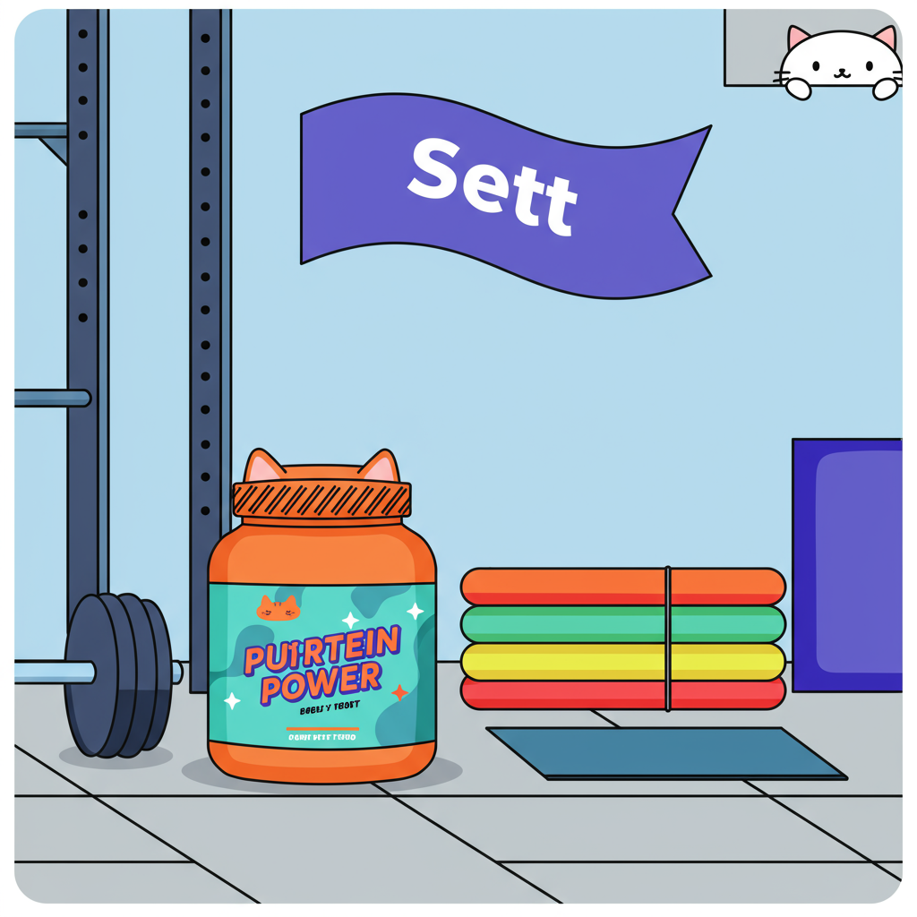 The scene unfolds in a vibrant, playful gym setting, with crisp, clean vector lines and flat shapes. The background features a minimalist, geometric depiction of gym equipment: a barbell on the left and a squat rack on the right, rendered in shades of cool blue and light grey with sharp black outlines, creating a sleek contrast.

In the foreground, a large, bold tub of protein powder sits prominently to the left, drawn in vivid tones of orange and teal, with the label reading "Purrtein Power" in a futuristic font. Playful cat ears pop out from the lid, illustrated in soft pink and white, adding a whimsical touch. The protein powder container casts a subtle shadow to ground it within the scene.

To the right, a stack of colorful exercise mats adds a pop of color with stripes of vibrant red, lime green, and sunny yellow, neatly arranged in a tidy pile. Above the mats, a banner unfurls across the top of the scene, drawn in a rhythmic wave-like motion. It reads "Sett" in bold, white, sans-serif letters on a bold, purple background, mimicking the motion of a flag fluttering in the breeze.

The gym floor is a simple, solid light grey, with clean black lines suggesting a subtle tile pattern, giving the scene a modern, polished look. In the top right corner, a minimalist illustration of a fluffy cat, drawn with sleek lines and a hint of mischief in its eyes, peeks over the edge of the scene, its ears twitching with curiosity.

The overall color palette combines bold, saturated hues with clean, black outlines to create a sense of cohesion and vibrancy, perfect for a playful, contemporary congratulations card with a gym-inspired twist.
Generated with these themes: Gym, Protein powder, and Cat ears.
Made with ❤️ by AI.