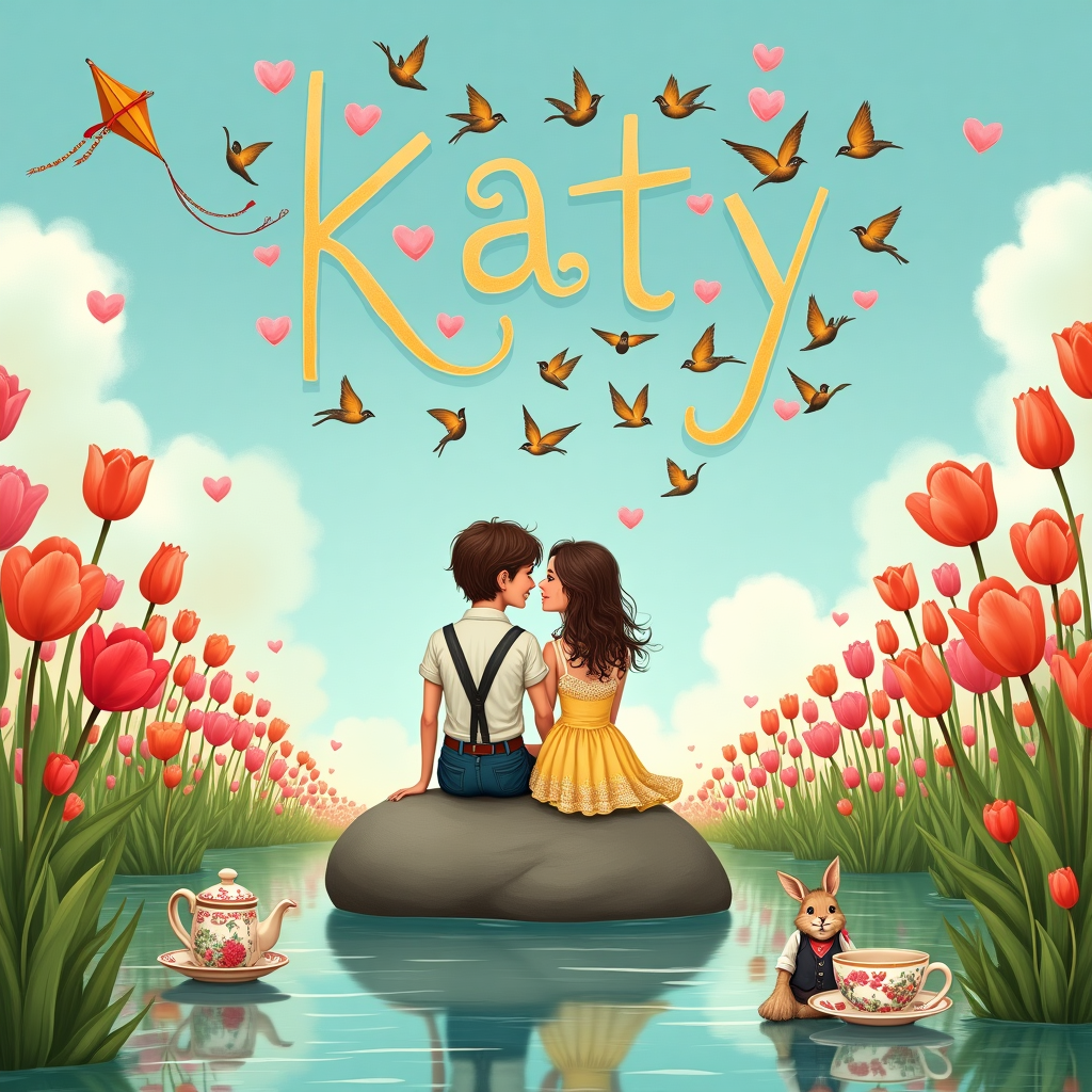 On the front cover of the birthday greeting card, imagine a whimsical scene that seems to blend the charm of a fairy tale with a dash of romantic fantasy. Perched atop a smooth, round rock, are two lovers—one male, one female—sitting closely, their feet gently dangling above a serene pond that reflects the vibrant surroundings. The male has a charmingly disheveled look, wearing a shirt with suspenders, while the female wears a flowing dress adorned with intricate lace patterns reminiscent of Aubrey Beardsley’s designs. Their faces are turned toward each other, smiling, lost in a world of their own.

Surrounding the rock is a sea of tulips, their petals painted in a spectrum of colors from deep red and sunshine yellow to soft pink and pristine white, reminiscent of Beatrix Potter’s detailed flora. The tulips bend slightly, as if bowing to the couple on the rock, their lush green leaves interweaving like dancers holding hands.

In the sky above, fluffy clouds float gently by, and among them, a flock of birds forms the letters "Katy," creating a natural and delicate birthday message that spans the azure expanse, adding a touch of magic inspired by Maxfield Parrish's ethereal skies. Nearby, a kite with a tail of colorful ribbons flutters playfully, a nod to Quentin Blake’s lively illustrations.

At the foot of the rock, a tiny tea set rests, with intricately detailed teacups and a teapot painted with scenes of lovers, similar to those found in Edward Gorey’s works. A little woodland creature, a rabbit with a waistcoat and pocket watch, reminiscent of Rackham's fantasy creatures, peeks out from behind a tulip, curiously watching the lovers.

This scene tells a story of love and celebration, captured in a vibrant, detailed illustration that invites the recipient, Katy, into its enchanting world, where romance and nature beautifully intertwine.
Generated with these themes: Male and female lovers on a rock surrounded by Tulips.
Made with ❤️ by AI.