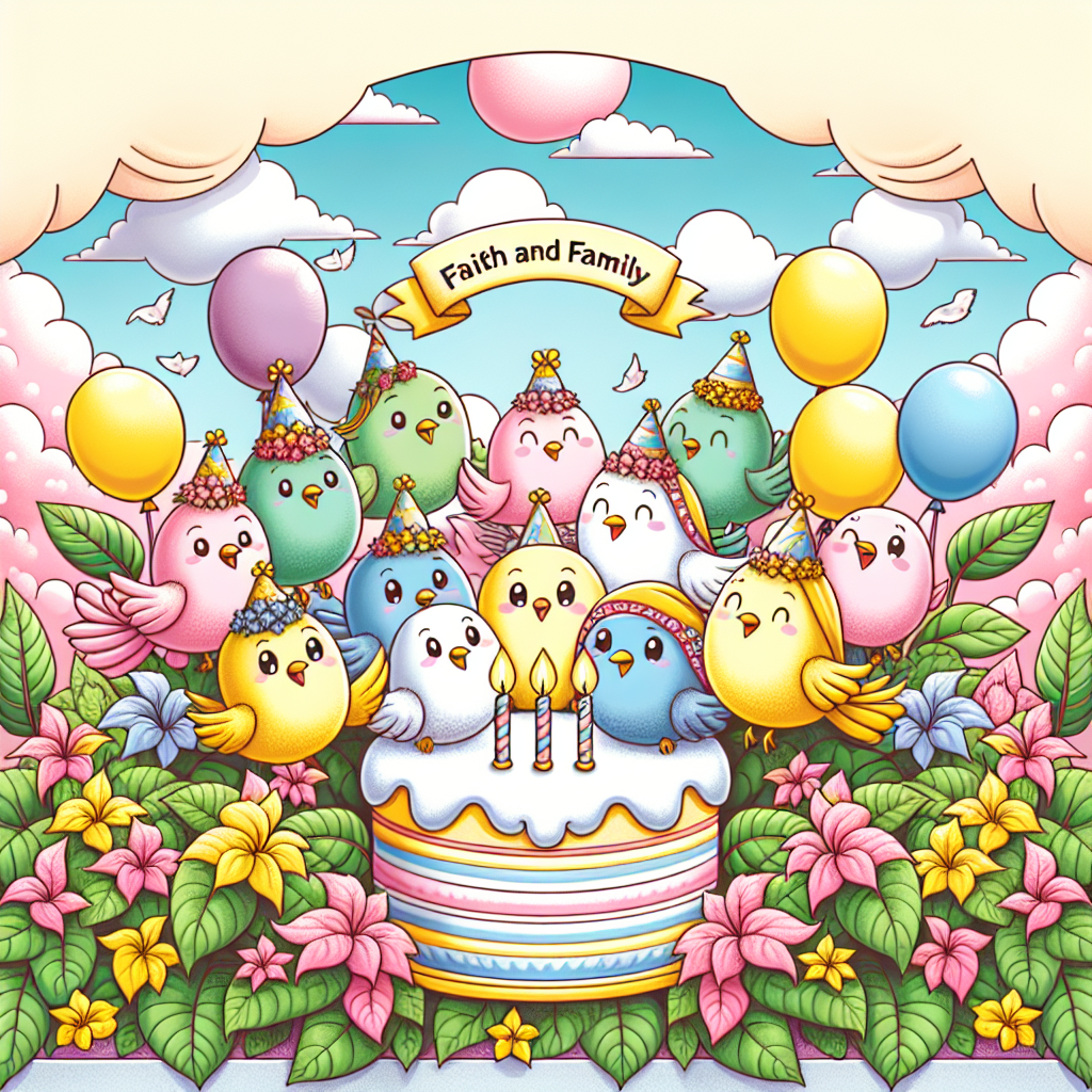 Create a heartwarming image of a birthday setting with cartoon birds of multiple species coming together in a symbol of unity and family. They chirp joyfully in a vibrant garden filled with lush coleus plants. These birds are holding a banner that reads 'Faith and Family'. They are flying over a jubilant birthday cake centrally placed, which is decorated to reflect a blend of various faith traditions, promoting inclusivity and love. The scene should radiate cheerfulness with mellow pastel colors, gentle clouds, and the sky sprinkled with whimsical, colorful balloons.
Generated with these themes: Coleus plants, Birds, Family, and Faith.
Made with ❤️ by AI.