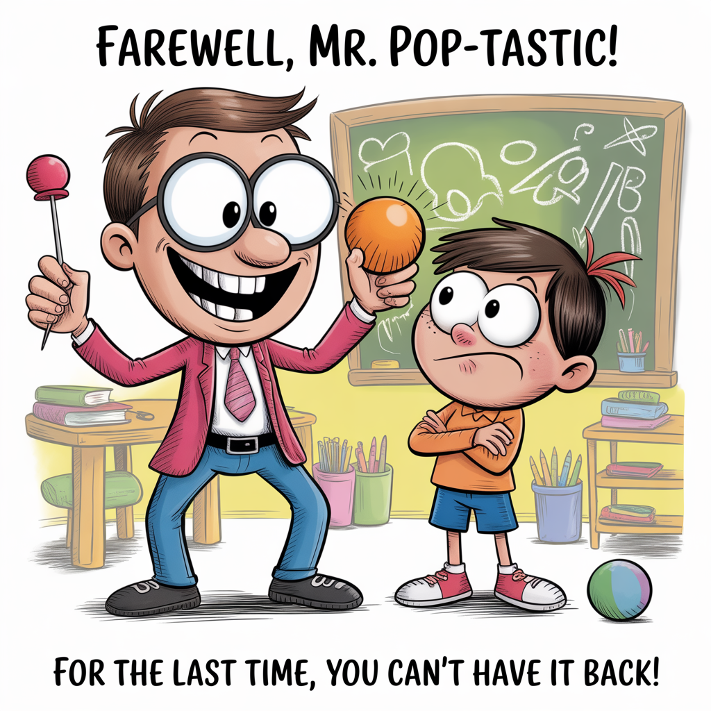 At the top of the image, "Farewell, Mr. Pop-tastic!" 

At the bottom of the image, "For the last time, you can't have it back!" 

- Illustrate a whimsical cartoon scene with a cheerful teacher, with exaggerated round glasses and an oversized grin, holding a pin in one hand as they mischievously pop a child's ball. The child, with wide eyes and a playful pout, stands with arms crossed in a playful stance, surrounded by a colorful classroom setting with books, crayons, and a chalkboard full of doodles in the background.
Generated with these themes: Please can you create a sorry your leaving card with a picture of a teacher popping a childs ball saying "for the last time you cant have it back", and .
Made with ❤️ by AI.