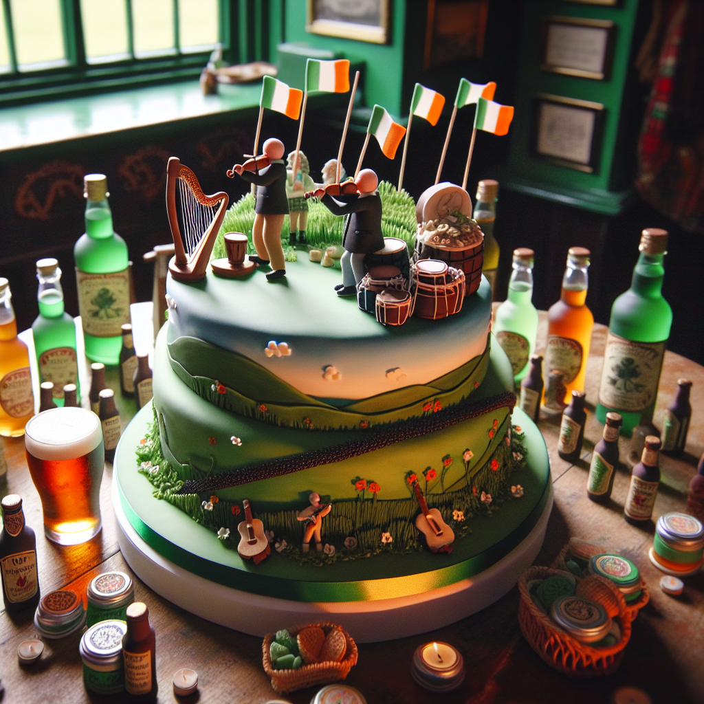 Illustrate a warm and lively scene in a traditional Irish pub during a birthday celebration. Center of the picture is a tiered cake, designed realistically to resemble the green rolling hills of Ireland. On the cake, edible miniature figures grasp tiny instruments, appearing as if they're playing a spirited Celtic melody. Distributed around are bottles of homemade alcohol with personalized labels, intended to be both consumed and taken home as gifts. Enhance the mood by suggesting the calming strumming of a Celtic harp echoing in the environment.
Generated with these themes: Irish music, home brew, ireland.
Made with ❤️ by AI.