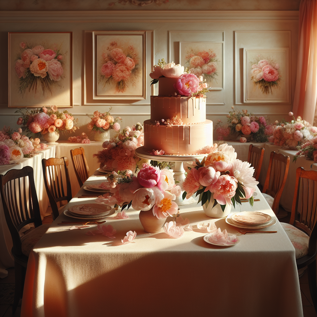 Imagine a warm and inviting room, bathed in sunlight and decked out for a birthday celebration. A large table claims the center stage, draped in a soft, creamy fabric. A collection of peonies, in hues of pink and salmon, are tastefully scattered across the room, exuding an aura of cheerfulness and welcome. Handmade paintings, evident products of the affectionate labor of grandchildren, dot the room's walls and corners. At the centerpiece of the table stands a two-tiered cake, its icing velvety smooth like porcelain, tastefully topped with soft petals from the peony flowers as an elegant accent.
Generated with these themes: Peonies, Grandkids, Painting, and Cake.
Made with ❤️ by AI.