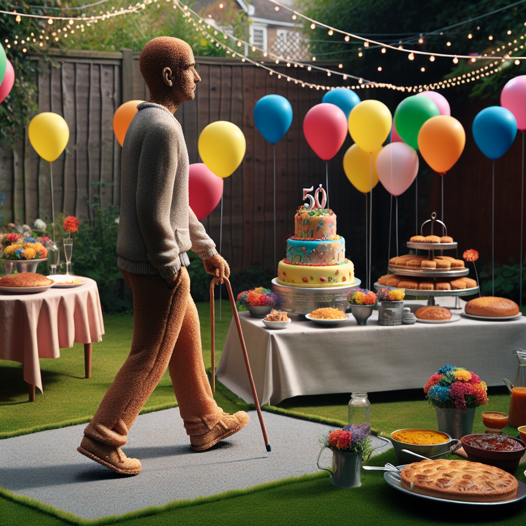 Visualize a quaint backyard garden turned into a festive setting for a 50th birthday. Lifelike edible figures, representing an anonymous individual taking a leisurely walk, are arranged as a trail along an elaborate birthday cake, creating a combinative representation of gastronomy and sculpture. Multicolored balloons sway gently in the breeze, adding a playful contrast. A scent of homemade curry wafts from a thriving buffet table placed under a string of fairy lights, casting a warm glow over the scene. Every decorative element is meticulously arranged, embodying the warmth and joy of intimate celebrations.
Generated with these themes: 50, Abbw, Walking, and Curry.
Made with ❤️ by AI.