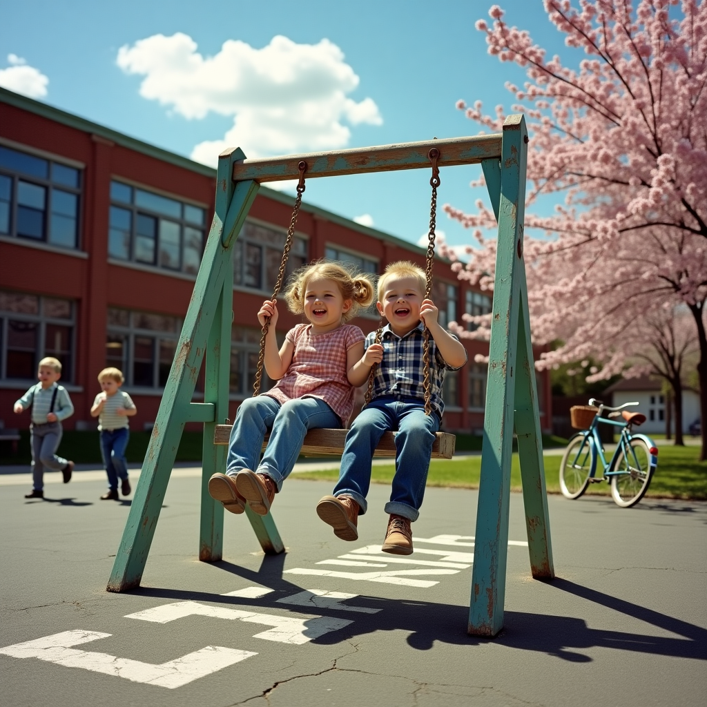 Imagine a group of young children playing together in a school yard in the spring time., Some of the children are on the swings, The era is 1963 in Canada, and Birthday Card
