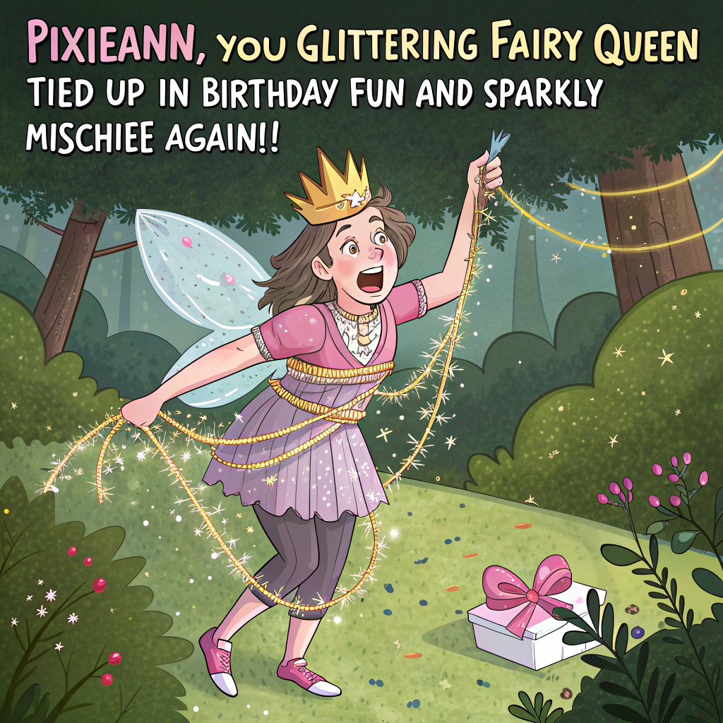 At the top of the image, "Pixieann, you glittering fairy queen — tied up in birthday fun and sparkly mischief again?!"

– The scene is a humorous and hyper-realistic photograph-style setup: in a lush, enchanted woodland setting, a fabulous fairy queen (Pixieann) with wild, sparkling wings and a crown made of glowsticks is “glamorously restrained” by shimmering strands of party ribbon and tinsel that resemble sparkling ropes of glitter.

– She's laughing, not distressed, and holding a birthday cupcake with one candle defiantly in her mouth. 

– Surrounding her are cheeky woodland creatures wearing mini leather harnesses and party hats, cheekily holding the ends of the glittery “bondage” ribbon as if they orchestrated this celebratory prank.

– A giant disco ball dangles from the trees above, reflecting sparkles all over the scene, while a birthday banner flutters nearby reading: "She asked for sparkle... we added sass."

– Overall vibe: unapologetically fabulous, hilariously mischievous, glitter-infused party chaos.
Generated with these themes: fairy glitter queen in bondage.
Made with ❤️ by AI.
