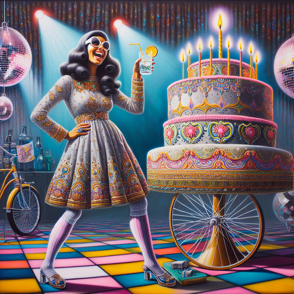Photo concept of a surreal birthday moment where an Indian woman in Orla Kiely's pattern dress and long socks enjoys a gin and tonic on a disco dance floor, with a backdrop of a large birthday cake shaped like a bicycle.
Generated with these interests: Indian Woman on a bike, Orla Kiely's pattern dress with long socks, and Gin and tonic disco music.
Made with ❤️ by AI.