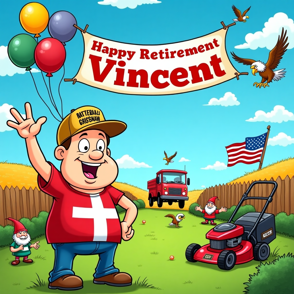 The front cover of this greeting card is a vibrant, cartoonish scene packed with whimsical and exaggerated elements, drawing inspiration from the styles of Bill Watterson and Hergé. The scene is set in a bustling, colorful landscape that playfully merges different locations and themes.

In the foreground, Vincent, an exaggerated cartoon figure with a large, friendly smile and distinctively oversized features, is waving enthusiastically. He's wearing a shirt emblazoned with the Maltese flag, its red and white colors popping vividly against the blue sky. The Maltese Cross is clear and prominent on his shirt. On his head is a classic Vietnam veteran cap, intricately detailed with a small emblem.

To his right, a cartoon-style lawnmower — personified with wide, animated eyes and a cheeky smile — sits proudly on a freshly mowed, lush green lawn. This lawn is part of a thriving landscape business setup, complete with colorful flowers and small, well-drawn garden gnomes. The gnomes have exaggerated expressions, some with winking eyes, adding to the card’s playful nature.

Behind Vincent, the landscape cleverly shifts to show the rolling hills and bright fields of the USA. Tiny, cartoonish eagles soar in the sky, and a stylized bald eagle, with exaggerated features, perches on a fence post, saluting Vincent with a wing.

In the background, a banner arcs across the sky, held up by cartoon balloons in various shapes and colors, including some shaped like the continents of Malta and the USA. The banner reads, “Happy Retirement Vincent” in bold, vibrant lettering, reminiscent of Charles Schulz's playful typeface. 

The sky is a brilliant cerulean blue with puffy white clouds that humorously mimic the shapes of Malta and a Vietnam veteran badge. There’s a hint of the sun peeking from the corner, wearing sunglasses and a mischievous grin.

To add to the whimsical nature, a small, cartoon-style red truck, signifying Vincent's success in his landscape business, zips along a winding road in the background, with comically oversized wheels and a cheery “Vincent's Greens” logo painted on the side.

Overall, this cover blends humorous, exaggerated cartoon elements with symbolic icons that speak to Vincent’s life journey, celebrating his retirement with a unique and colorful flair.
Generated with these themes: Born in Malta, Maltese flag, Vietnam veteran, Landscape business owner, living in USA.
Made with ❤️ by AI.