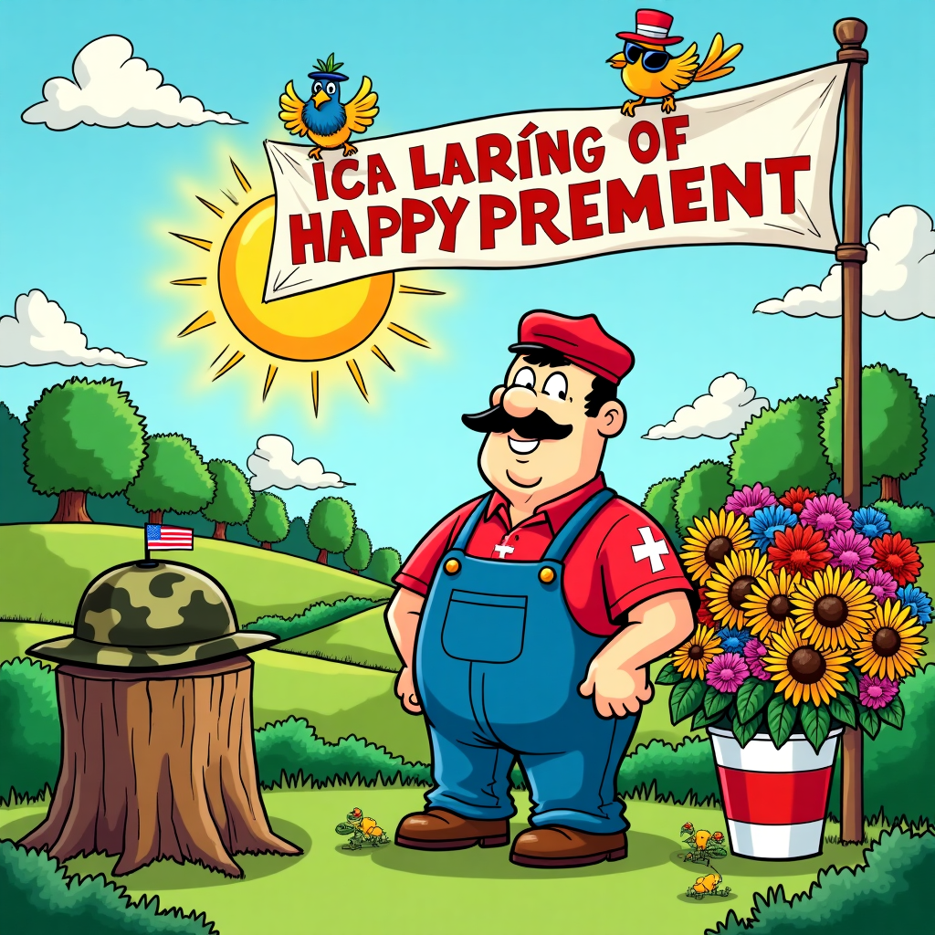 In the foreground, create a vibrant cartoon scene with exaggerated features, blending elements of Charles Schulz's playful simplicity and Bill Watterson's imaginative flair. Picture a lively character, Vincent, with an exaggeratedly broad smile, his cartoonishly large eyes twinkling with cheer, and a thick mustache that's comically oversized. He's donning a bright red beret with the Maltese cross symbol subtly displayed on it, hinting at his Maltese roots. His shirt is adorned with the Maltese flag, its red and white colors boldly contrasting with the vivid blues of his denim overalls.

To the left of Vincent, illustrate a caricatured Vietnam veteran helmet placed on a wooden stump, complete with exaggerated details like oversized camouflage patterns and a small, oversized cartoonish peace emblem on the side. To his right, sketch a large bouquet of vibrant, oversized cartoon flowers—daisies, sunflowers, and roses in an exaggerated mix of bright pinks, yellows, and blues—symbolizing his flourishing landscape business in the USA.

In the background, depict a colorful and exaggeratedly lush landscape, a nod to Vincent's profession, with cartoonish, plump green trees and bright, oversized flowers dotting the fields. A comically large sun wearing sunglasses hangs in the sky, casting cartoonishly exaggerated beams of sunshine over the scene.

In the sky, create a whimsical banner held aloft by two cartoon birds—one donning a tiny Maltese flag as a cape, the other wearing a miniature American flag hat. The banner reads "Happy Retirement Vincent" in bold, colorful lettering, with each letter seemingly jumping and dancing in place. This adds a playful and celebratory touch, reminiscent of Gary Larson's lighthearted humor.

Integrate subtle details like tiny cartoon lizards basking in the sun, echoing the playful style of Osamu Tezuka's vibrant character designs, and a small, stylized American flag subtly fluttering in the breeze from a miniature flagpole stuck into a flower pot near Vincent's feet, grounding the scene in his American life.

The overall scene bursts with color and life, a joyful and quirky celebration of Vincent's rich and varied life, drawing inspiration from the vibrant styles of classic comic artists.
Generated with these themes: Born in Malta, Maltese flag, Vietnam veteran, Landscape business owner, living in USA.
Made with ❤️ by AI.