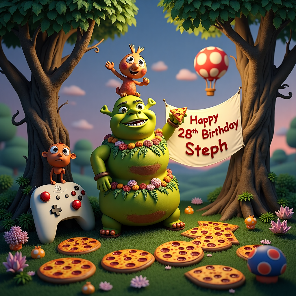 In a whimsical, enchanting forest clearing, where trees twist and reach like ancient giants, we find a surreal birthday celebration for "Steph". The sky above is a twilight tapestry, painted with hues of purples and blues, dotted with stars that twinkle mischievously. At the center of this magical gathering stands a colossal, whimsical Shrek-shaped birthday cake, its layers crafted to mirror the ogre’s iconic features. The cake is a vivid green, with playful fondant accents, like Shrek's ears and toothy grin. Perched atop the cake, a tiny sculpted Shrek holds a slice of pizza triumphantly in one hand, the cheese stretching with a gooey realism that echoes the craftsmanship of a master baker.

Surrounding the cake, the forest floor is lush with blooming flowers, their colors popping with vibrancy, each petal a nod to Beatrix Potter’s delicate florals. Interspersed among these blooms are large, flat pizza slices, scattered like stepping stones, their pepperoni and mushroom toppings rendered in intricate detail, inviting both whimsy and wonder.

To the left, a giant Nintendo controller rests against the trunk of a gnarly old tree, its buttons the size of boulders. Vines of wildflowers curl around its edges, creating a harmonious blend of nature and technology. Leaning against the controller, a cheeky forest sprite, with wide, Quentin Blake-esque eyes, points toward a banner strung between two branches. The banner sways gently in the breeze, its letters crafted from a collage of moss and petals, spelling out “Happy 28th Birthday Steph” in an elaborate script that twists and curls like the branches overhead.

In the sky, a cloud formation shaped like the number "28" drifts lazily by, its edges glowing with the golden touch of the setting sun. Nearby, a small hot air balloon in the shape of a mushroom gently ascends, a nod to both the woodland theme and the world of Nintendo. Birds, reminiscent of Maurice Sendak's fantastic creatures, flutter around it, carrying tiny scrolls of birthday wishes in their beaks.

The scene is an imaginative tapestry, pulling together elements of nature, fantasy, and birthday cheer, with every element conspiring to create a celebration as unique and special as Steph herself.
Generated with these themes: Shrek , Birthday, Happy, Pizza, Forest, 28, Birthday cake, Flowers, Shrek birthday cake, and Nintendo .
Made with ❤️ by AI.