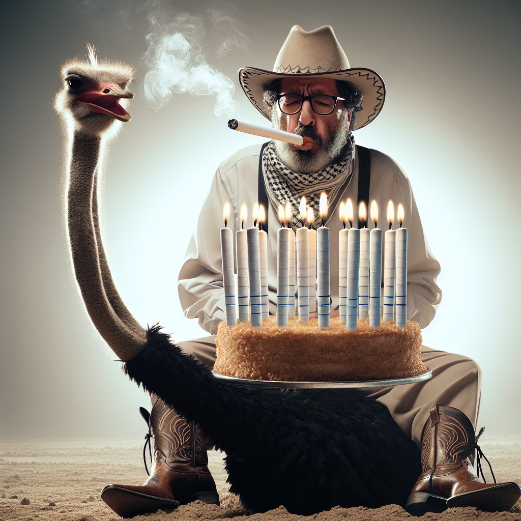 A somber birthday celebration comes to life with a Middle-Eastern man wearing glasses, evident signs of a common cold adding to the aura. Dressed in classic cowboy boots and a matching shirt, he sits atop a determined ostrich. The center of attraction is an unconventional birthday cake decorated with candles that imitate cigarettes. He blows out these unique candles with a quiet joy, offering a touch of realism and whimsy to the scene.
Generated with these themes: There is a guy with glasses, He has a cold, He wears cowboy boots and a cowboy shirt, He is riding an ostrich, and He is blowing out candles on a birthday cake that look like cigarettes.
Made with ❤️ by AI.