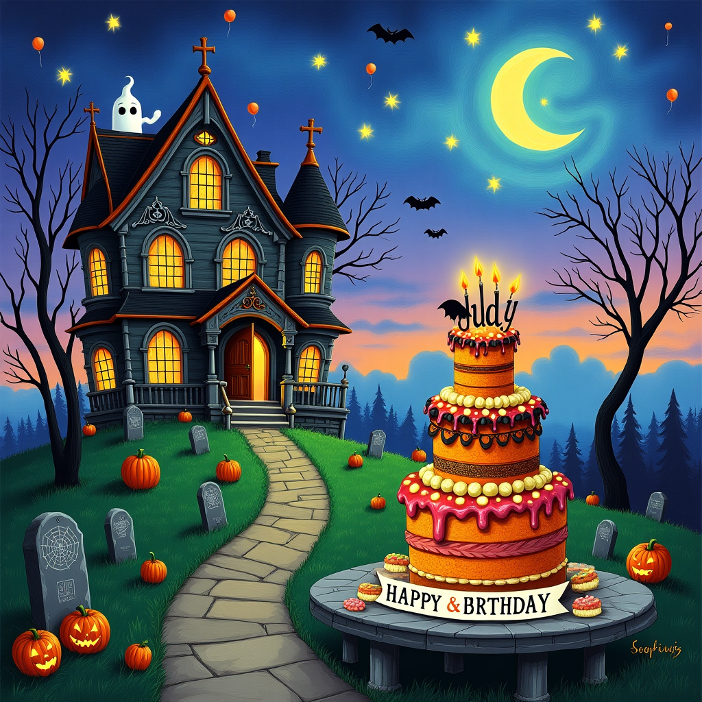 The front cover of the birthday greeting card is a lively, hand-drawn illustration capturing a whimsical yet slightly spooky scene. At the forefront stands a haunted house perched precariously atop a rolling, verdant hill. The house is an intricate, Victorian-style mansion with gnarled turrets, ornate wrought-iron details, and a roofline that seems to sag under the weight of its many stories. Windows, framed by spider web patterns, are slightly ajar, and a whimsical ghost peeks out from one of them, giving a playful nod to the viewer.

The hill is dotted with crooked tombstones, each one festooned with colorful birthday balloons that bob in the evening breeze. A path winds up to the house, lined with luminescent jack-o'-lanterns, their faces carved into exaggerated grins, casting flickering shadows.

In the sky, twilight transitions to night, painted in rich purples and deep blues, with swirling Van Gogh-esque clouds. Among the clouds, stars twinkle brightly, and a crescent moon hangs lazily, its surface subtly adorned with tiny, cheerful birthday cakes.

Near the center of the scene, a large, festively decorated birthday cake sits on a stone table, oddly elegant with a hint of mischief. The cake is layered, each tier dripping with an abundance of rich, vibrant frosting in shades of pumpkin orange and witch-hat black. Candles are lit atop the cake, their flames dancing with a ghostly green hue. A whimsical bat is perched on the edge of the top tier, wearing a tiny party hat.

A charming detail catches the eye—a banner strung between two rickety trees just outside the house's entrance, boldly proclaiming "Judy" in an ornate, Gothic script. The letters are embellished with delicate, swirling vines and cheerful little bats.

In the background, an expanse of thick, swirling mist snakes through the graveyard, and a distant silhouette of a curious creature—a wolf, perhaps—sits atop another hill, howling in the night. This scene, bathed in moonlight and frosted with quirky details, promises an adventure as enchanting as it is eccentric.
Generated with these themes: Haunted house on a hill.
Made with ❤️ by AI.