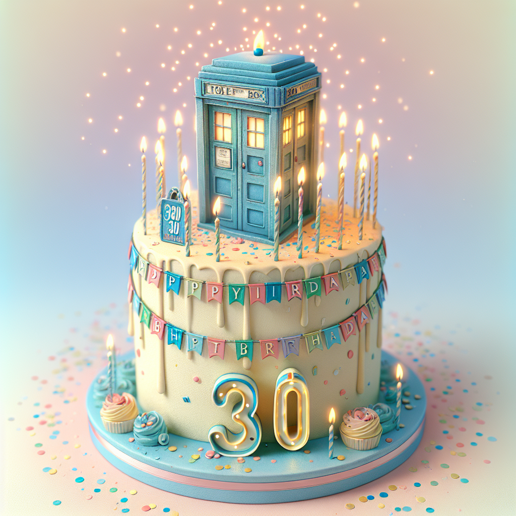 In this whimsical birthday-themed illustration, a small blue box, evocative of a vintage phone booth and adorned with vibrant birthday banners, acts as a unique topper on a grandly iced cake. Circling the base of the cake, the number '30' is creatively constructed using flickering candles, while 'th' is ingeniously concealed within the box's design. The scene is completed with an abundance of celebratory confetti and gentle, pastel shades lending a cozy, convivial aura.
Generated with these themes: Tardis, Candles, Cake , and 30th.
Made with ❤️ by AI.