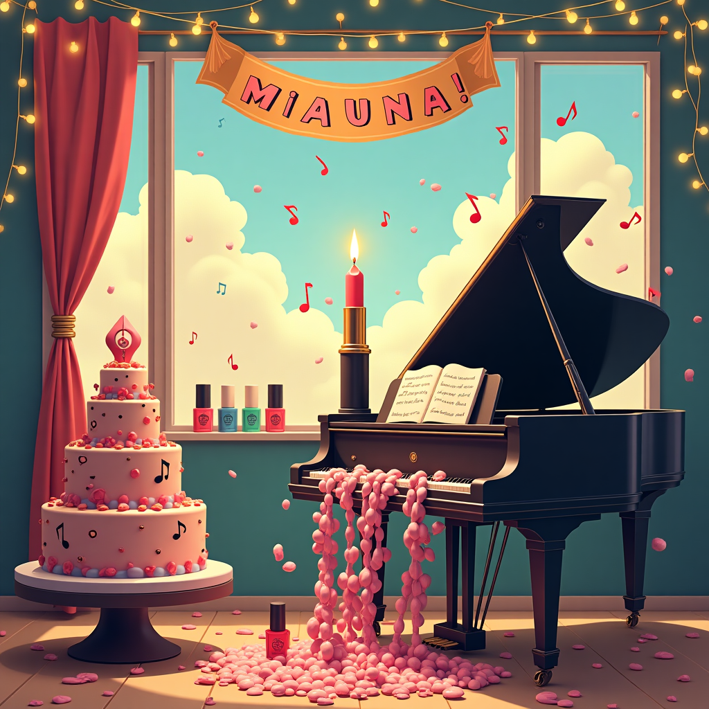 The birthday greeting card cover is a whimsical and vibrant scene set in a lively music room that tells a quirky story of celebration and artistic expression. At the center of the scene is a grand piano, its lid open, revealing a cascade of colorful music notes that seem to float and dance through the air, creating a playful symphony. Perched atop the piano, a lipstick stands upright as if it were an impromptu conductor's baton, adding a humorous twist to the musical theme.

On the piano's keys, a series of intricately painted nails, each adorned with tiny musical notes, tap along as if they are playing an invisible melody. These nails are not attached to fingers but rather seem to be tiny characters of their own, engaged in a synchronized dance of celebration.

To the left of the piano, a cake tower made entirely of various lipstick shades stands prominently. This unconventional cake is topped with a single, oversized music note candle, burning brightly. On the wall behind the piano, a bold and stylish banner unfurls, spelling out "Happy Birthday MIAUNA" in elegant, lipstick-red letters with each letter adorned with small nail art designs. The letters are surrounded by an array of twinkling fairy lights, casting a warm glow over the scene.

In the background, a large, open window reveals a sunny sky filled with fluffy clouds. Among the clouds, a few playful music notes and tiny lipstick kisses drift by, further emphasizing the harmonious blend of music and beauty.

The room is decorated with scattered records and nail polish bottles, each label featuring music-themed designs, adding to the overall sense of creative chaos. This unique and engaging scene perfectly captures the essence of Miauna's birthday celebration, blending her love for music, beauty, and a touch of whimsy in a delightful narrative.
Generated with these themes: Music notes , Lipstick, and Nails .
Made with ❤️ by AI.