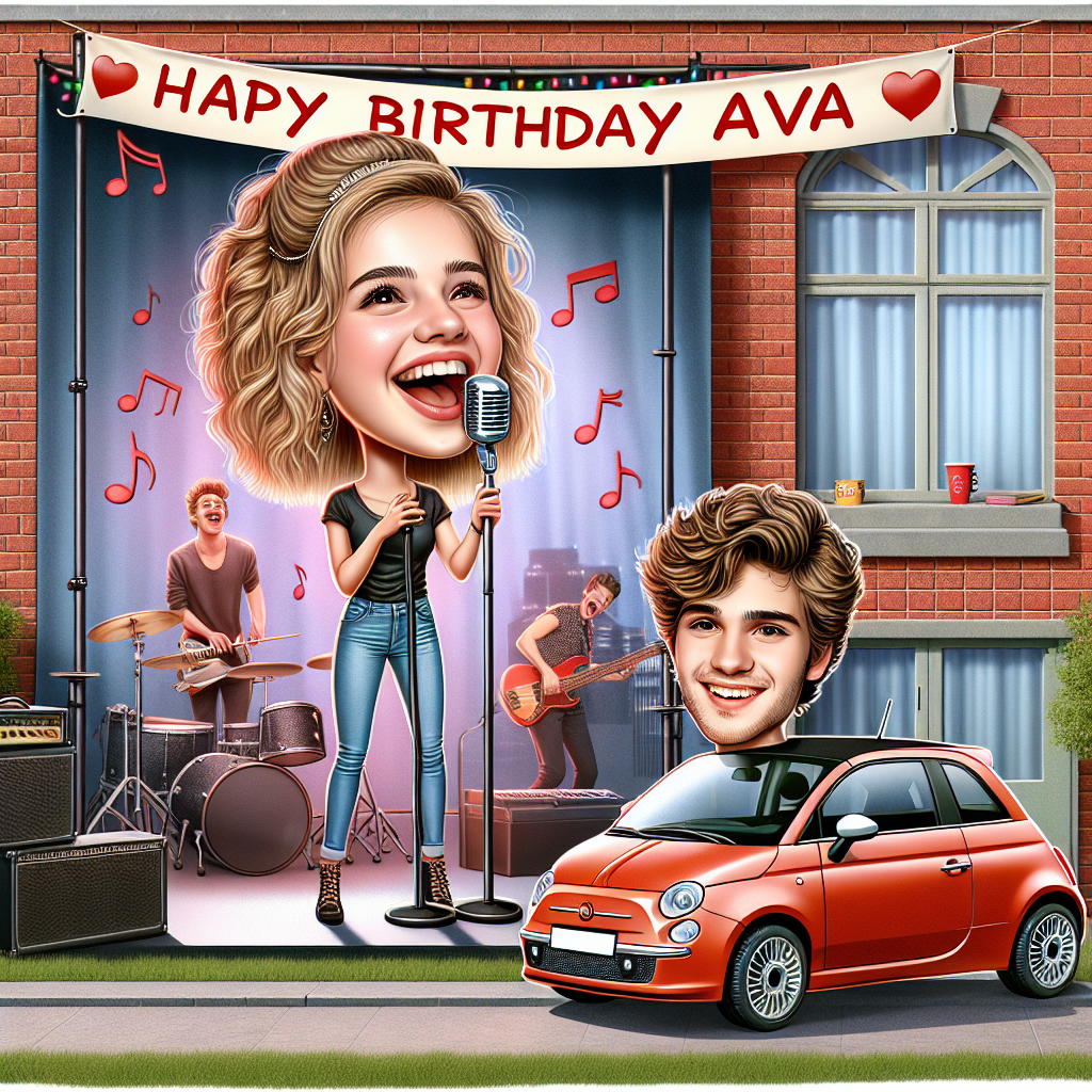 In this amusing birthday piece, a caricature of a 19-year-old Caucasian girl with blonde hair is seen jubilantly singing on a stage prepared in a student apartment, showing her love for musical theatre. The scenario is festively adorned with a banner announcing 'Happy Birthday Ava,' contributing a festive atmosphere. An illustrative representation of a popular male pop singer, characterized by his wavy short hair and slim physique, suggests the girl's musical icons, integrating seamlessly with the university lifestyle depicted. On the external part of the apartment, a fashionable red compact car, reminiscent of a Fiat design, is parked, indicating a sense of autonomy and exploration.
Generated with these themes: 19 year old blonde haired girl singer doing musical theatre on a stage in a student flat, Happy Birthday Ava sign, Harry Styles, University, and Red fiat 500 car.
Made with ❤️ by AI.