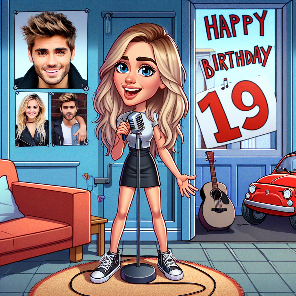 Create a comical cartoon image centred around a 19-year-old blonde-haired Caucasian girl on a stage, holding a microphone and showcasing her talent in musical theatre. The setting is a cozy student flat, adorned with a 'Happy Birthday Ava' sign. Replace the images of a specific pop icon with general posters of a male pop star in the background. Include a red Fiat 500 car parked outside an illustrative interpretation of a university building, signifying her ongoing academic journey.
Generated with these themes: 19 year old blonde haired girl singer doing musical theatre on a stage in a student flat, Happy Birthday Ava sign, Harry Styles, University, and Red fiat 500 car.
Made with ❤️ by AI.