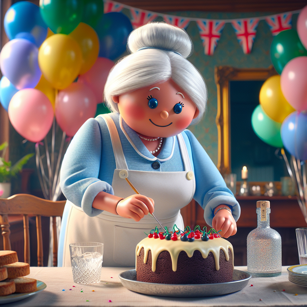 Create an image depicting a lovable white-haired cartoon character, who is a nanny from Dudley, West Midlands. She's hosting an intimate birthday celebration set in a traditional British setting, surrounded by numerous vibrant balloons. The nanny is in the process of adding the final decorations to a delectable chocolate cake. She's wearing a clean white apron over her attire. A clear bottle of gin, situated on a nearby table, glimmers in the light, suggesting a mature celebration to follow. The scene is enveloped with a sense of kindness, warmth and the delightful scent of baking.
Generated with these themes: Gin, Nanny, Chocolate , White hair, White , West Midlands , Dudley, Baking, Cake, and Balloons .
Made with ❤️ by AI.
