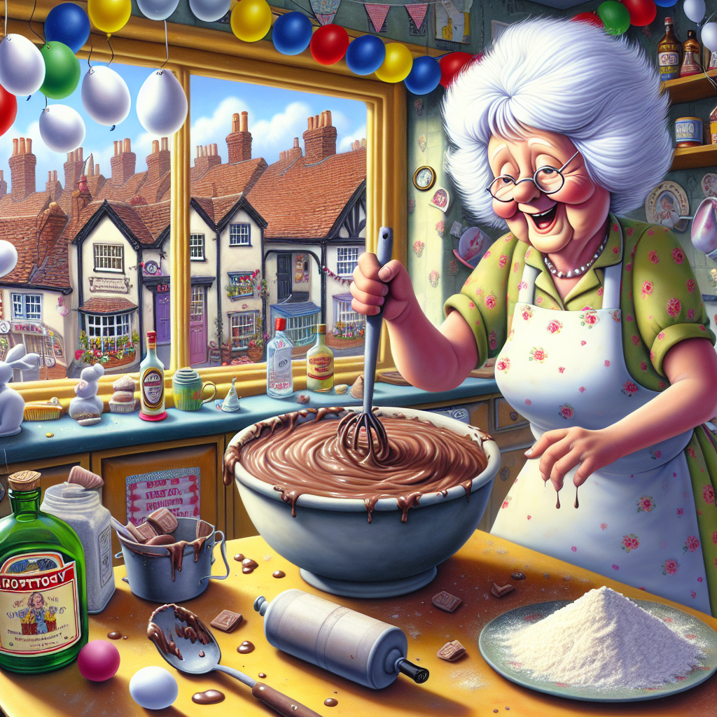 Visualize a whimsical birthday setting in a typical English town. A spirited cartoon nanny, identifiable by her glowing white hair, stands in the highlight. She's engaged in stirring a giant bowl filled with gooey chocolate cake mix. On the counter next to her lies a bottle of gin and a heap of flour. The kitchen is colorfully embellished with a multitude of floating white balloons, creating a festive atmosphere. Outside the window, suggestive features of a typical West Midlands town are visible. The nanny's apron is humorously bespeckled with dollops of batter, and her warm smile reveals that she's crafting this delight for someone dear.
Generated with these themes: Gin, Nanny, Chocolate , White hair, White , West Midlands , Dudley, Baking, Cake, and Balloons .
Made with ❤️ by AI.